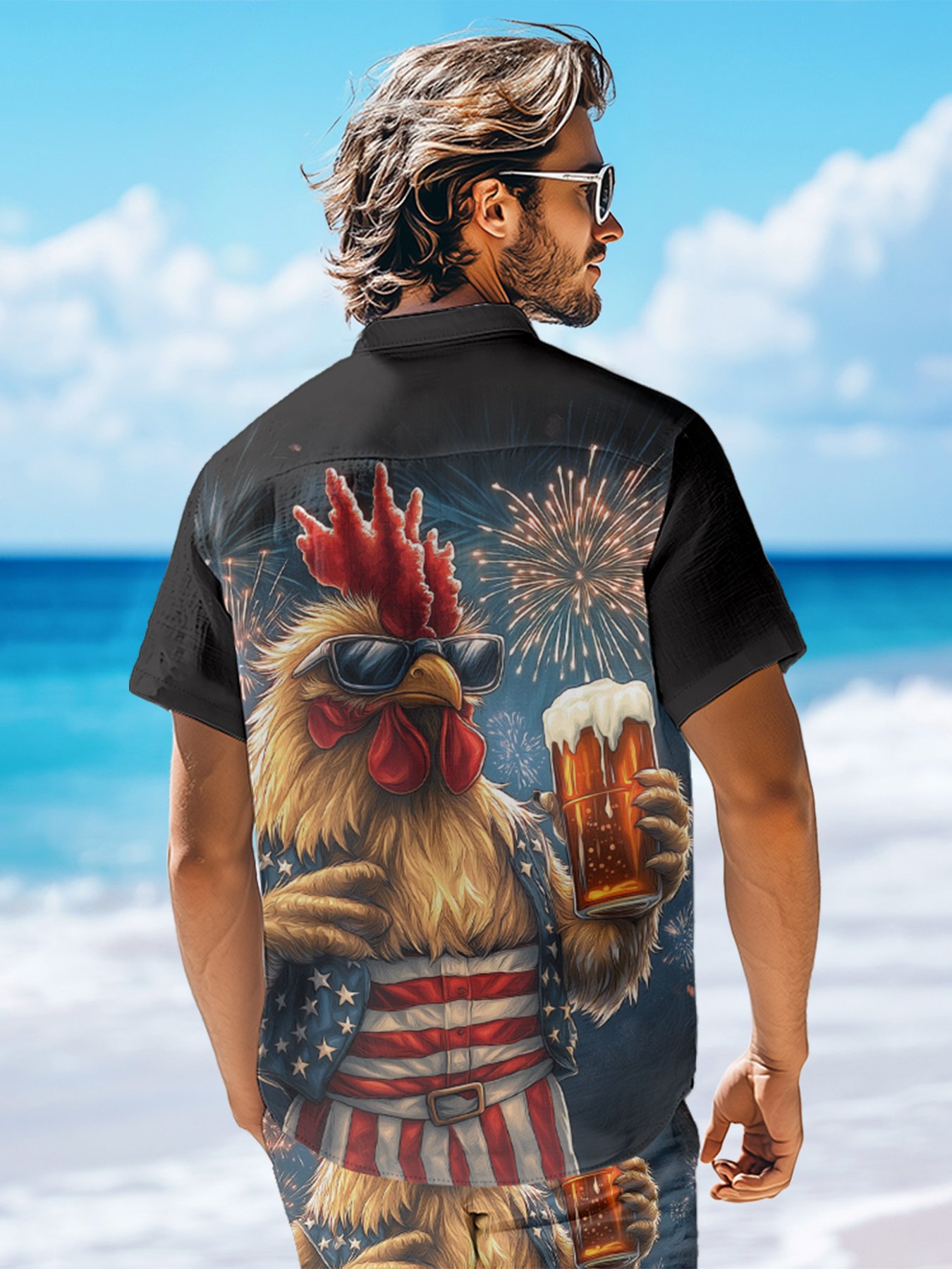 Moisture-wicking American Flag Rooster Beer Chest Pocket Casual Shirt