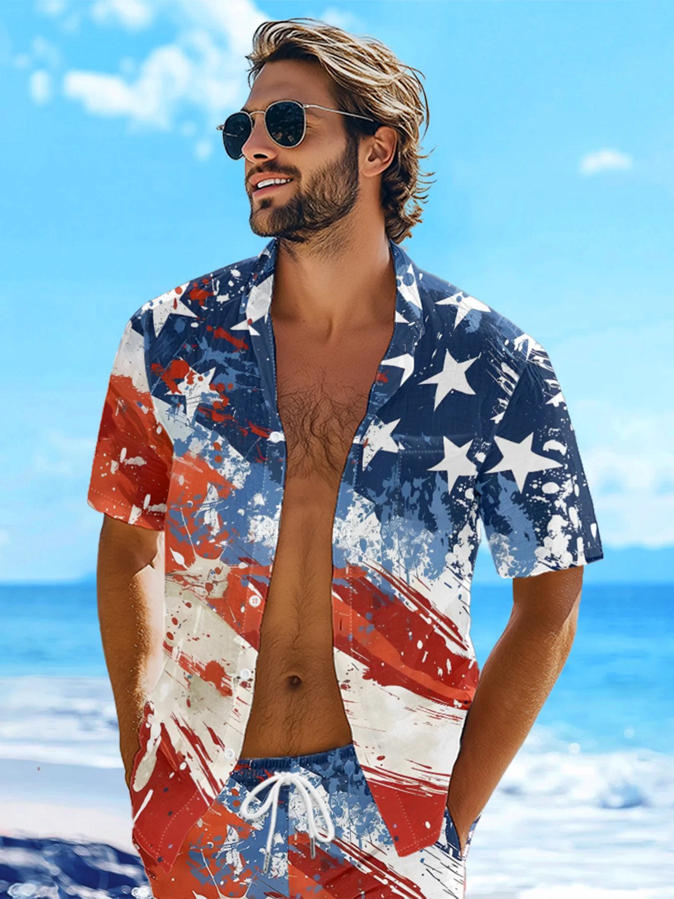 Moisture-wicking American Flag Oil Painting Ink Art Chest Pocket Casual Shirt