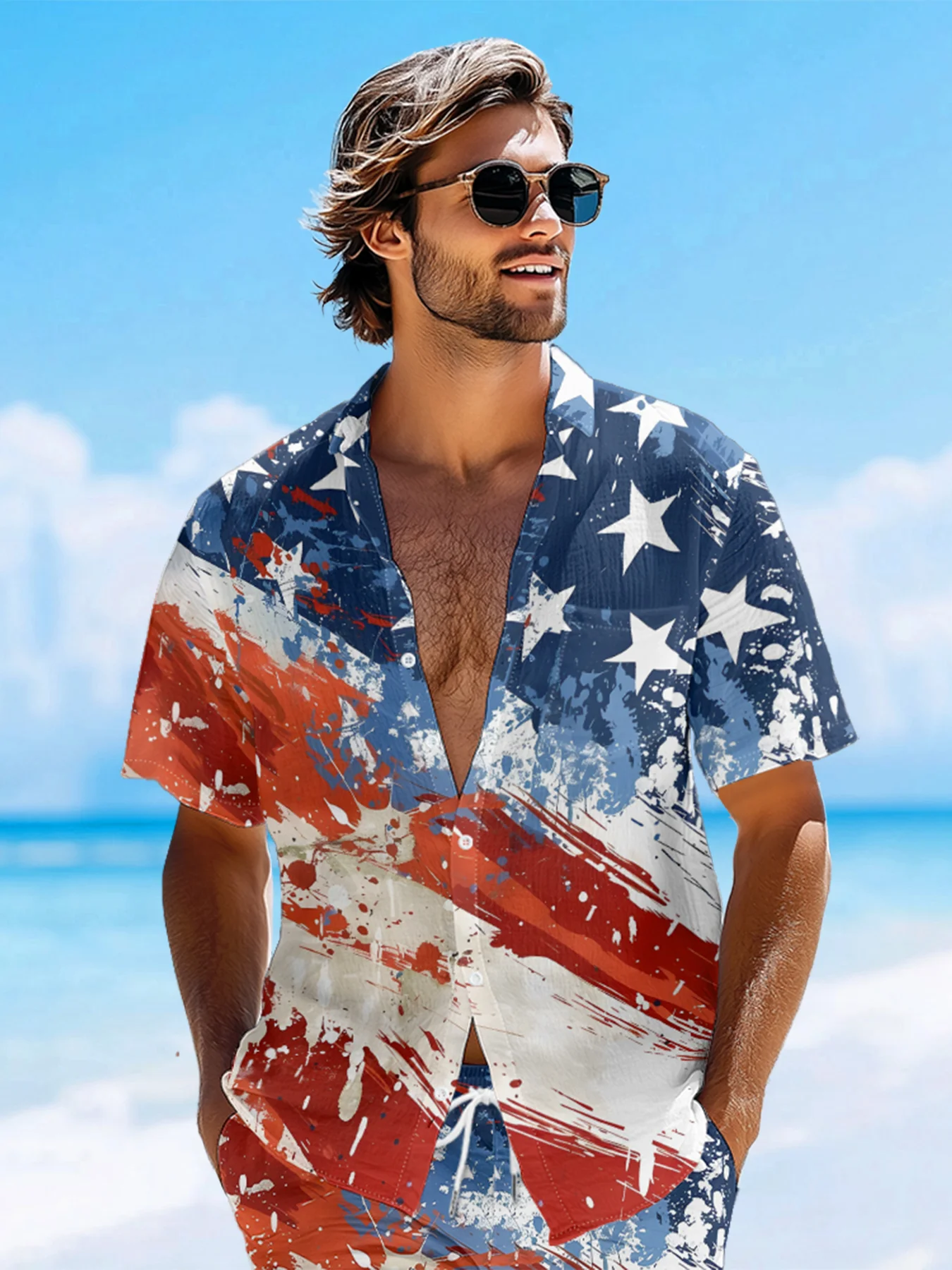 Moisture-wicking American Flag Oil Painting Ink Art Chest Pocket Casual Shirt