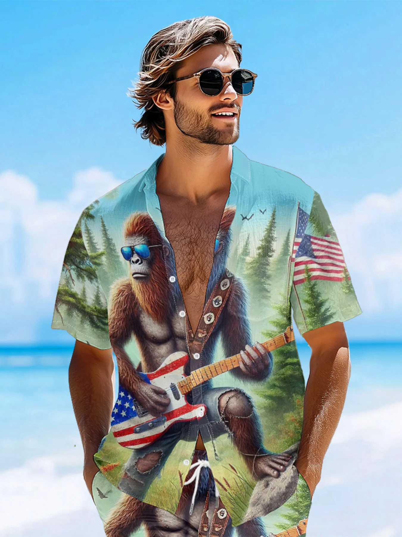 Moisture-wicking American Flag Bigfoot Guitar Rock Chest Pocket Hawaiian Shirt
