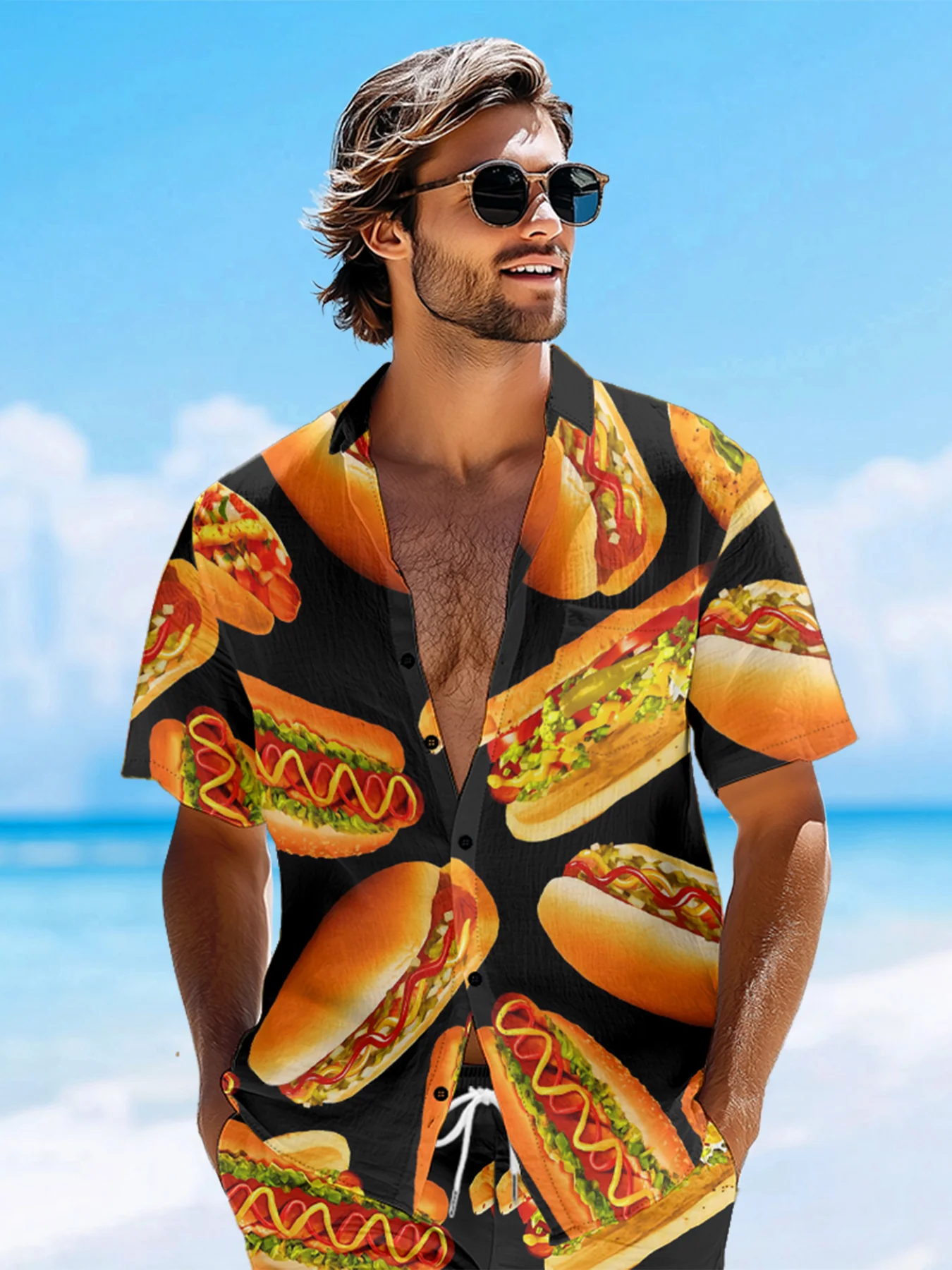 Hot Dog Chest Pocket Short Sleeve Casual Shirt
