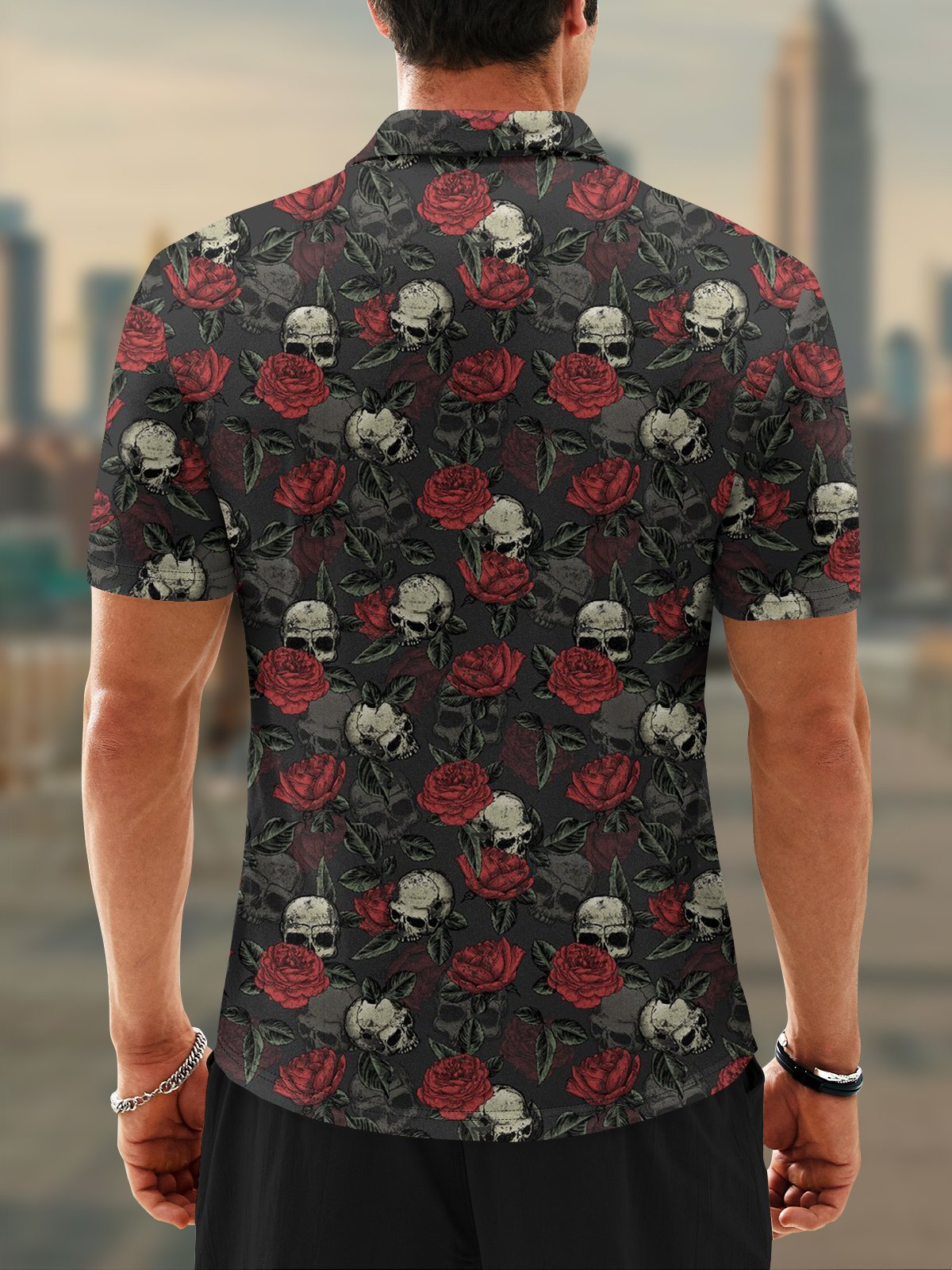 Moisture Wicking Rock Punk Skull Rose Short Sleeve Golf Polo