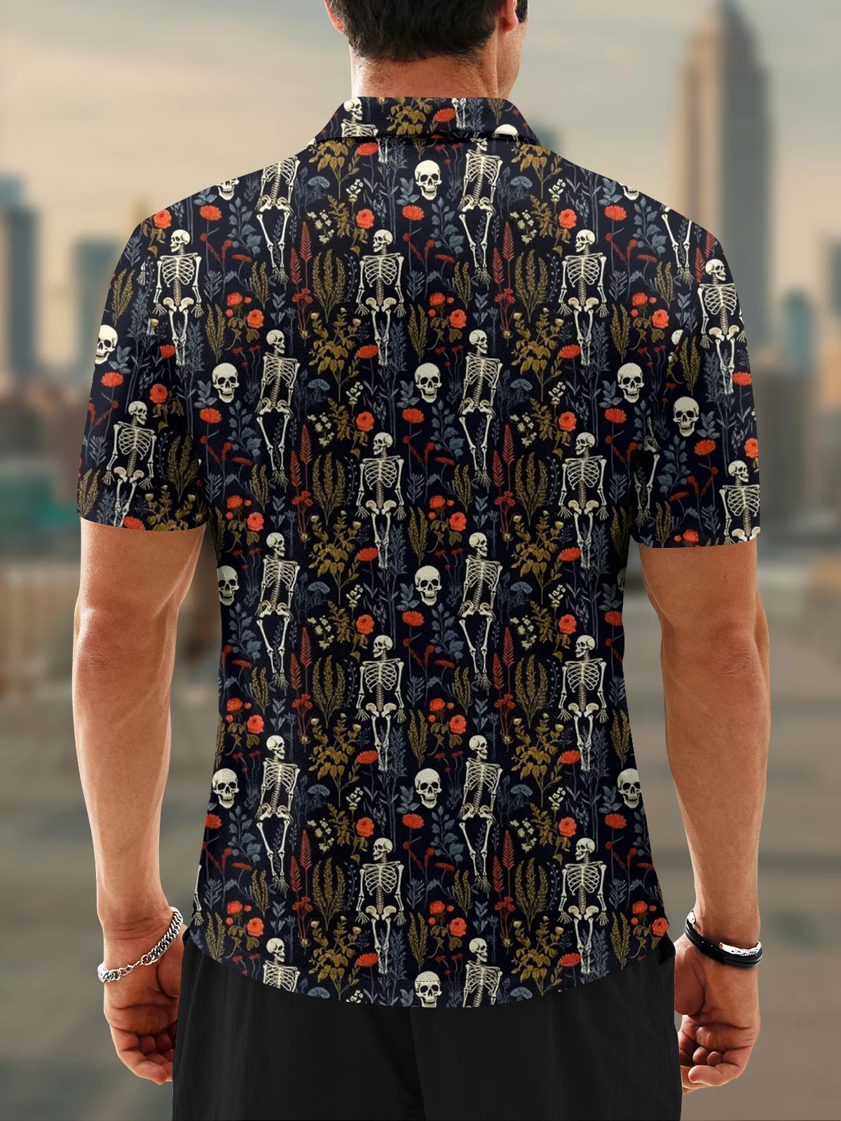 Moisture Wicking Skull Flower Short Sleeve Golf Polo