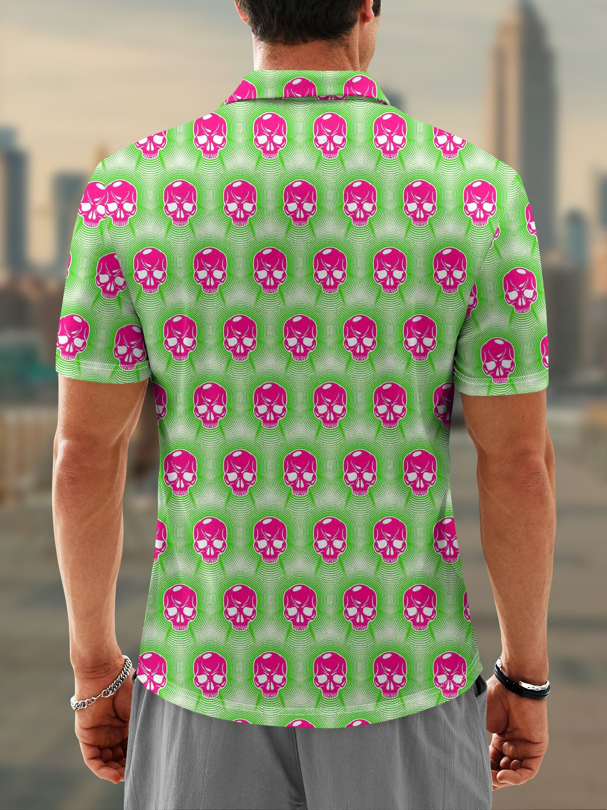 Moisture Wicking Rock Punk Gradient Color Skull Short Sleeve Golf Polo