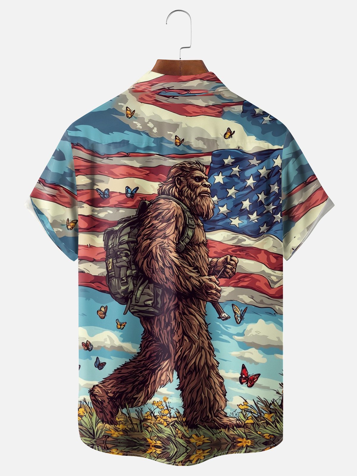 Moisture-wicking American Flag Bigfoot Chest Pocket National Patriotic Shirt