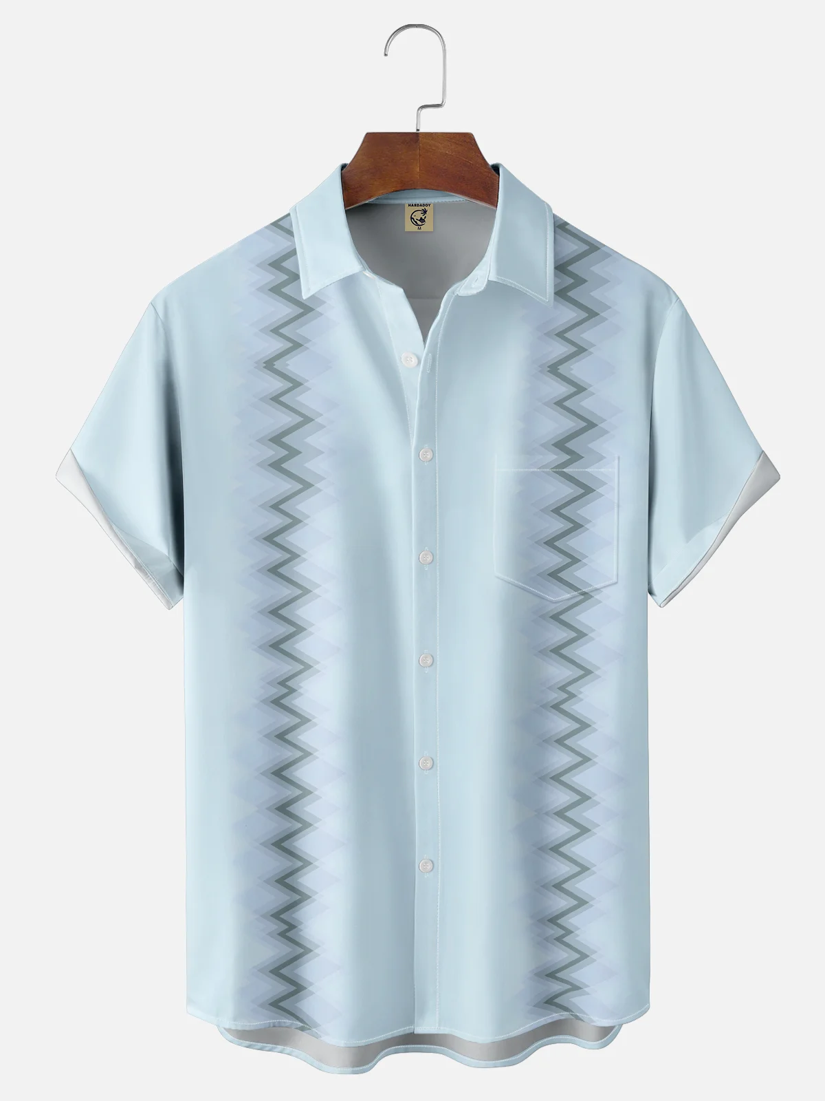 Moisture-wicking Artistic Geometric Waves Chest Pocket Bowling Shirt