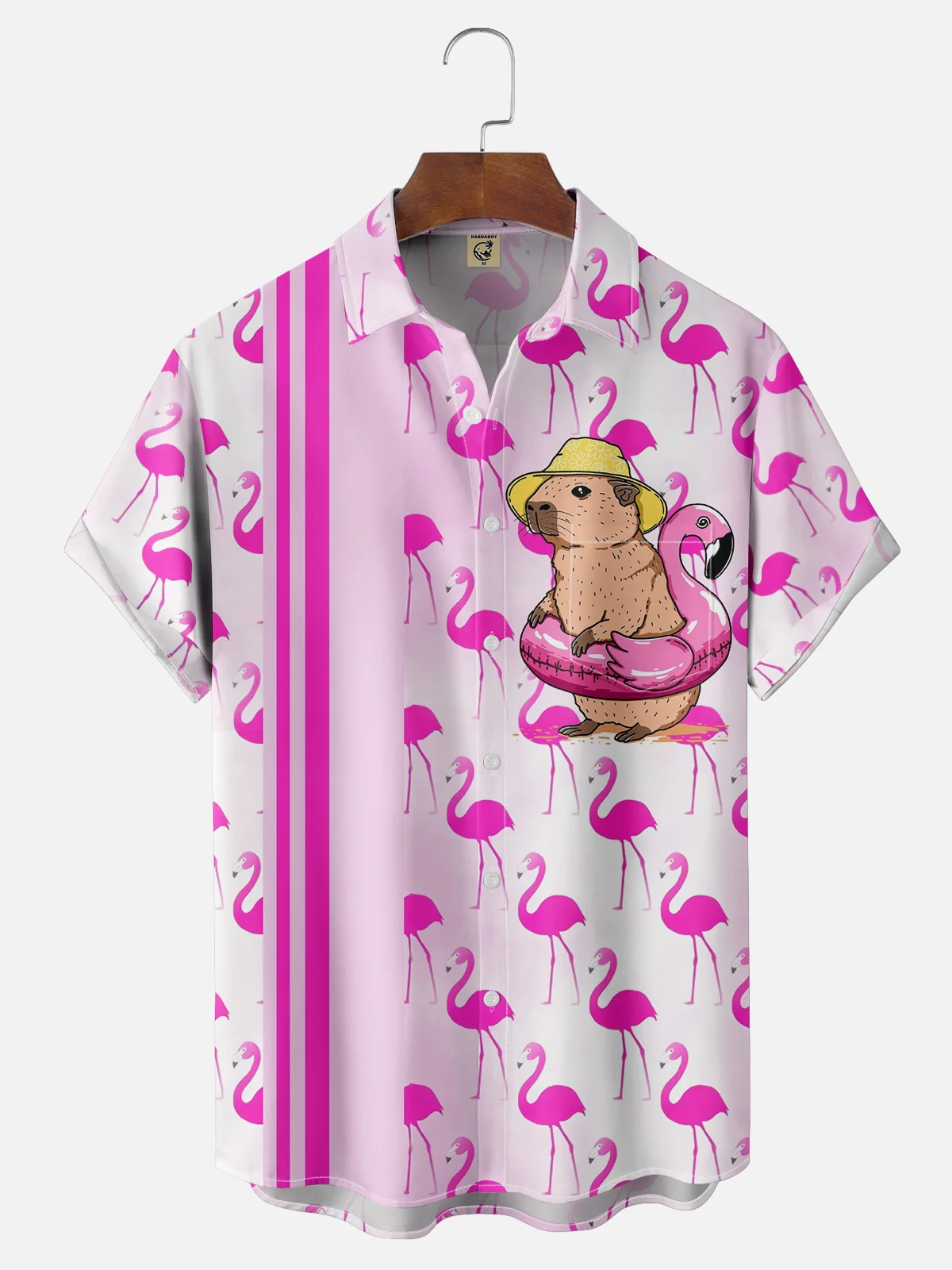 Hardaddy X Kimprut Imut Moisture Wicking Flamingo Capybara Chest Pocket Bowling Shirt