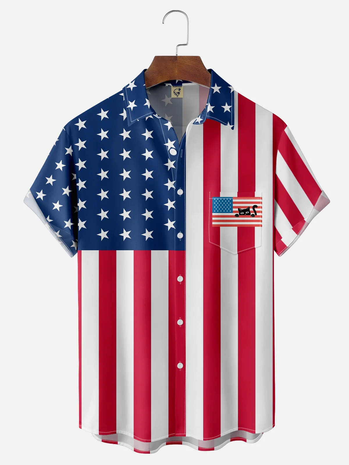 Hardaddy X Artist Coffee Man Moisture-wicking Cat American Flag Chest Pocket Hawaiian Shirt
