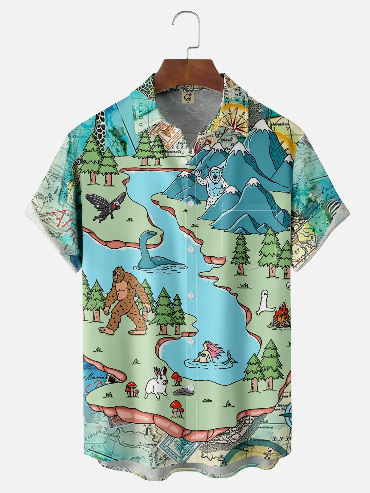 Hardaddy X Kimprut Imut Moisture Wicking Map Bigfoot Chest Pocket Hawaii Shirt