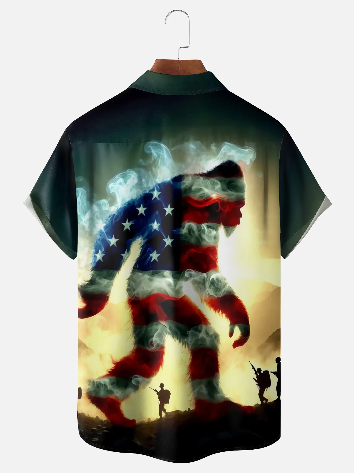Moisture Wicking American Flag Gradient Bigfoot Independence Day Chest Pocket Hawaiian Shirt