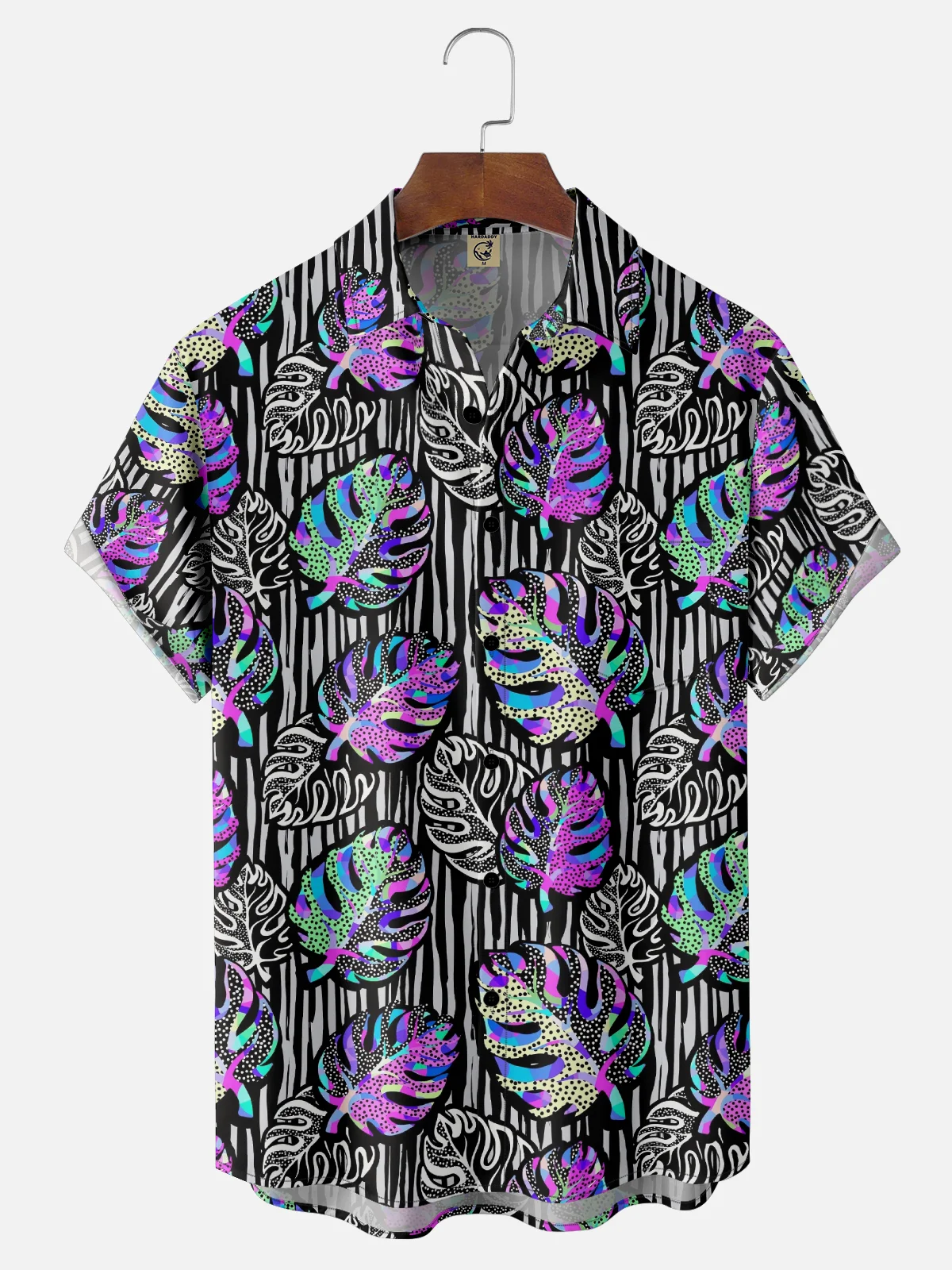Moisture Wicking Ombre Tropical Palm Leaves Geometric Chest Pocket Hawaiian Shirt