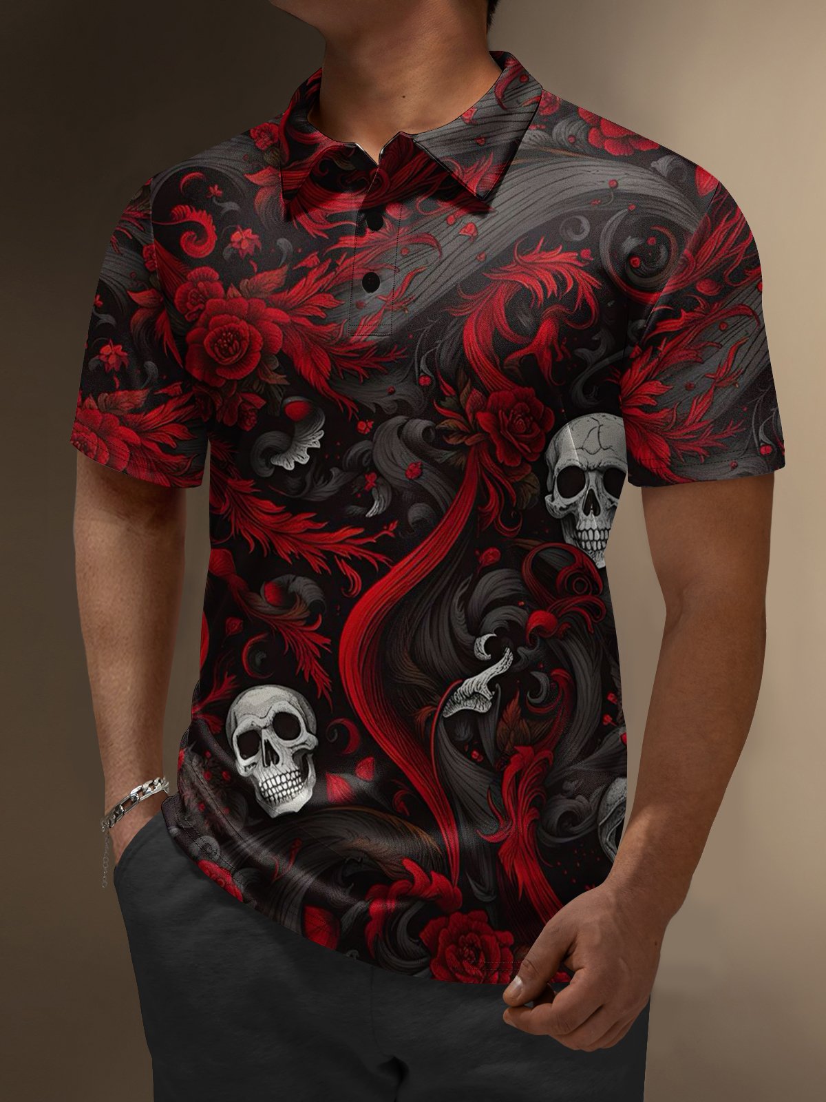 Moisture Wicking Rock Punk Skull Rose Short Sleeve Golf Polo