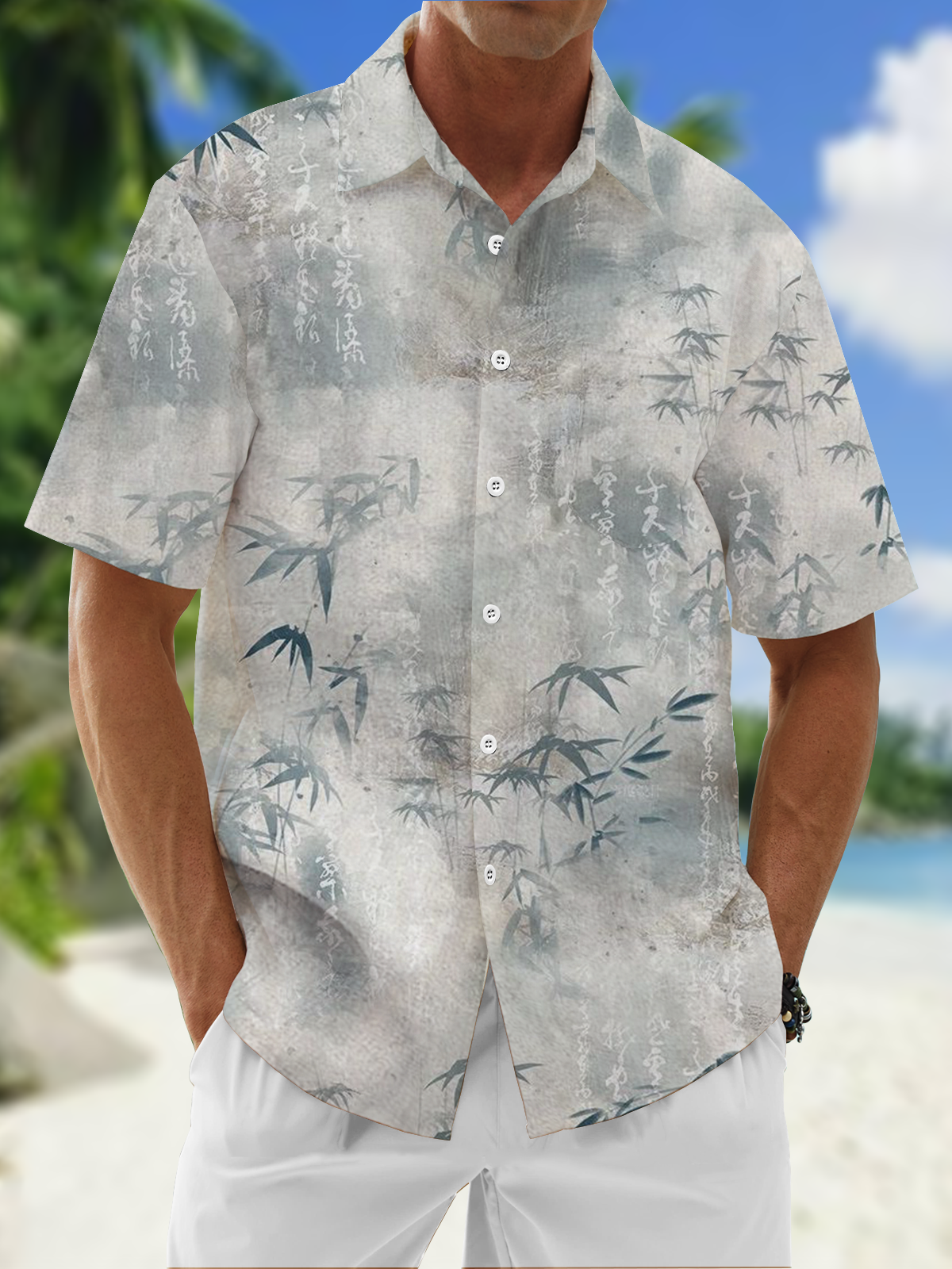 Moisture Wicking Bamboo Leaf Chest Pocket Hawaiian Shirt