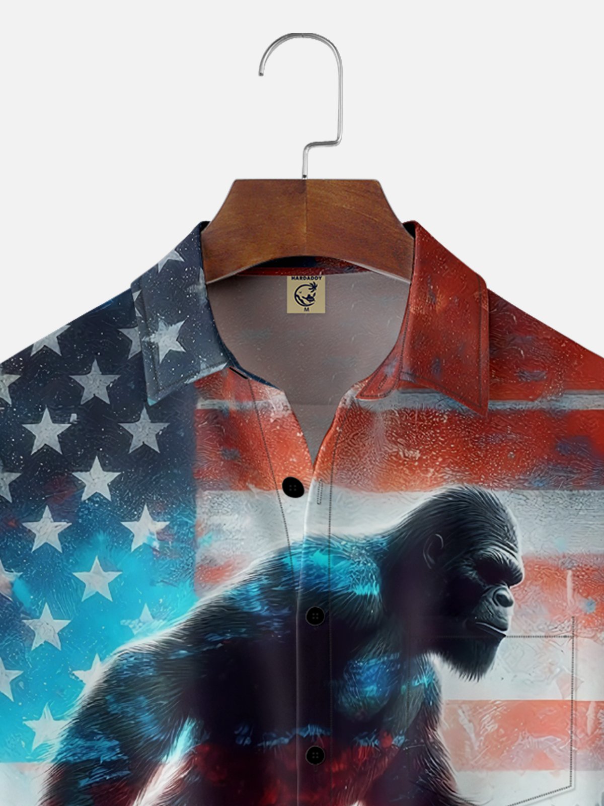 Moisture-wicking American Flag Bigfoot Art Independence Day Chest Pocket Casual Shirt
