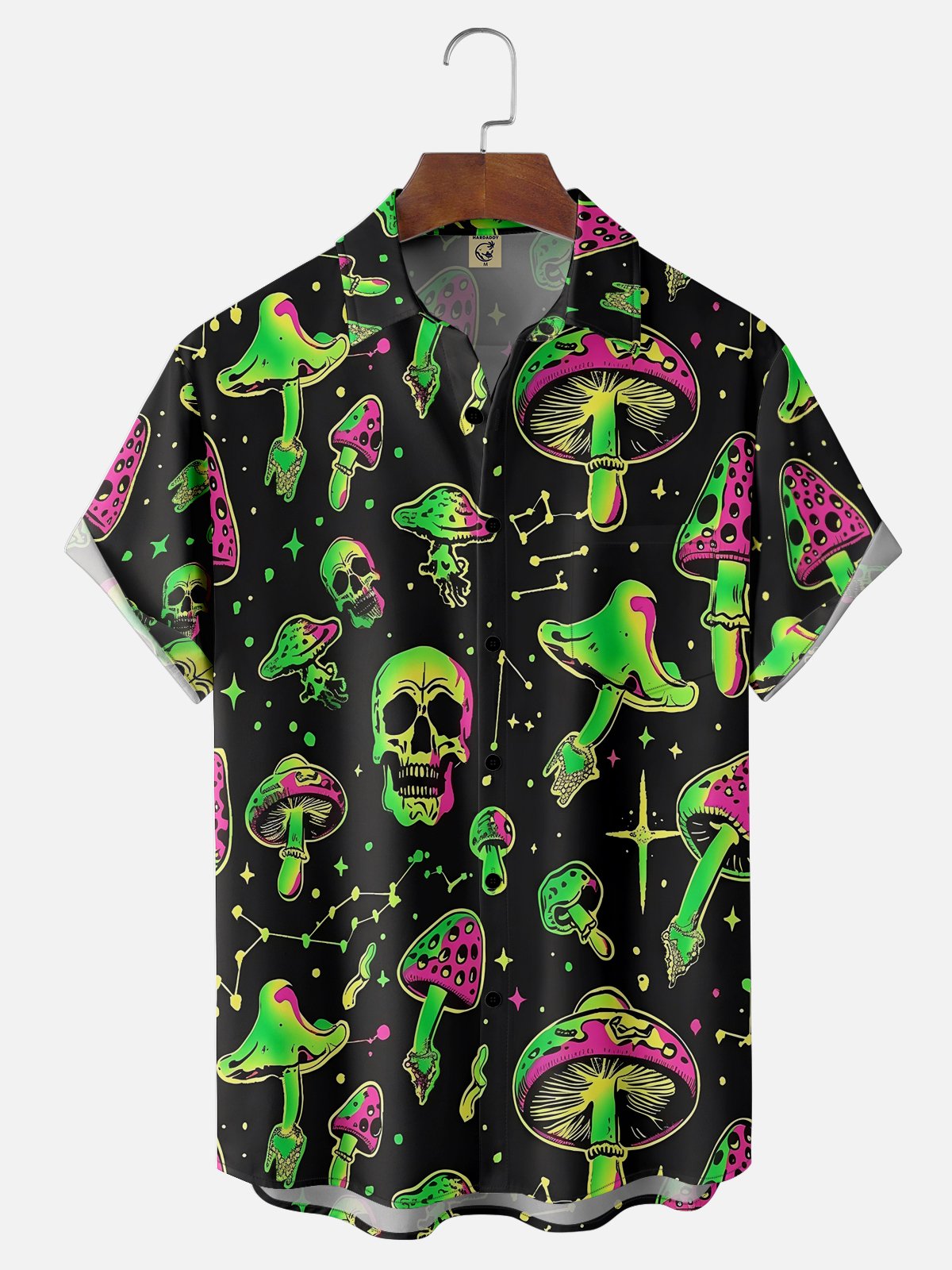 Moisture-wicking Mushroom Skull Chest Pocket Hawaiian Shirt