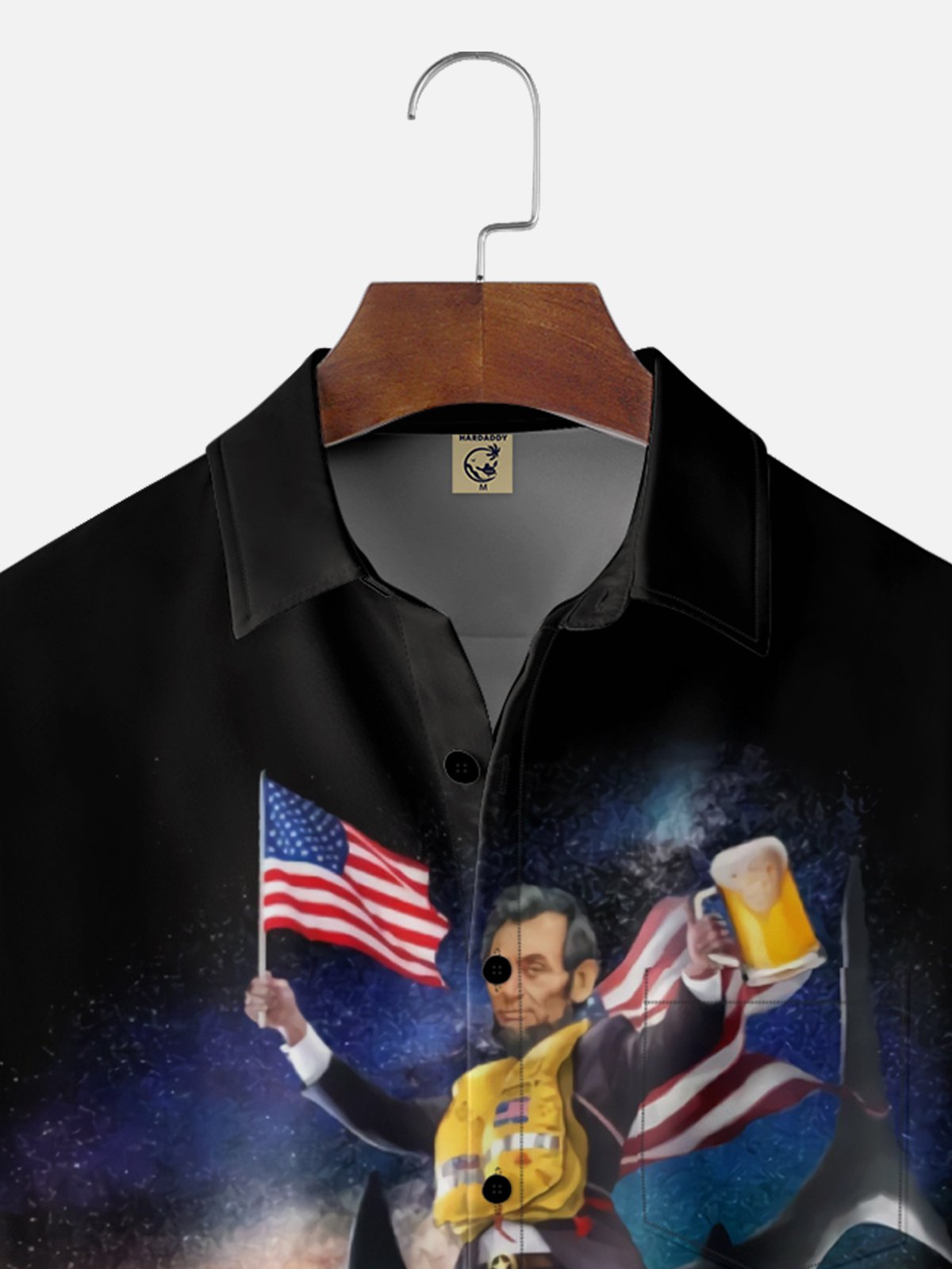 Moisture Wicking Lincoln Shark American Flag Chest Pocket Hawaiian Shirt