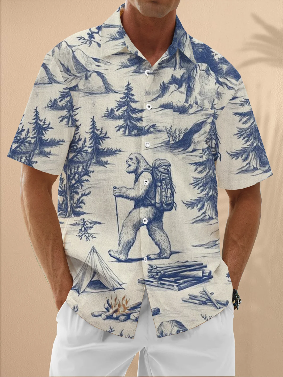 Moisture Wicking Camping Bigfoot Chest Pocket Hawaiian Shirt