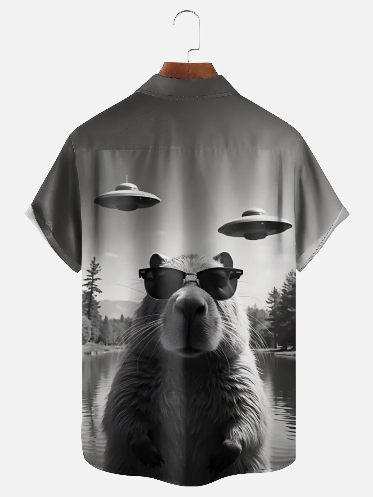 Moisture Wicking Alien Spaceship Capybara Chest Pocket Hawaiian Shirt