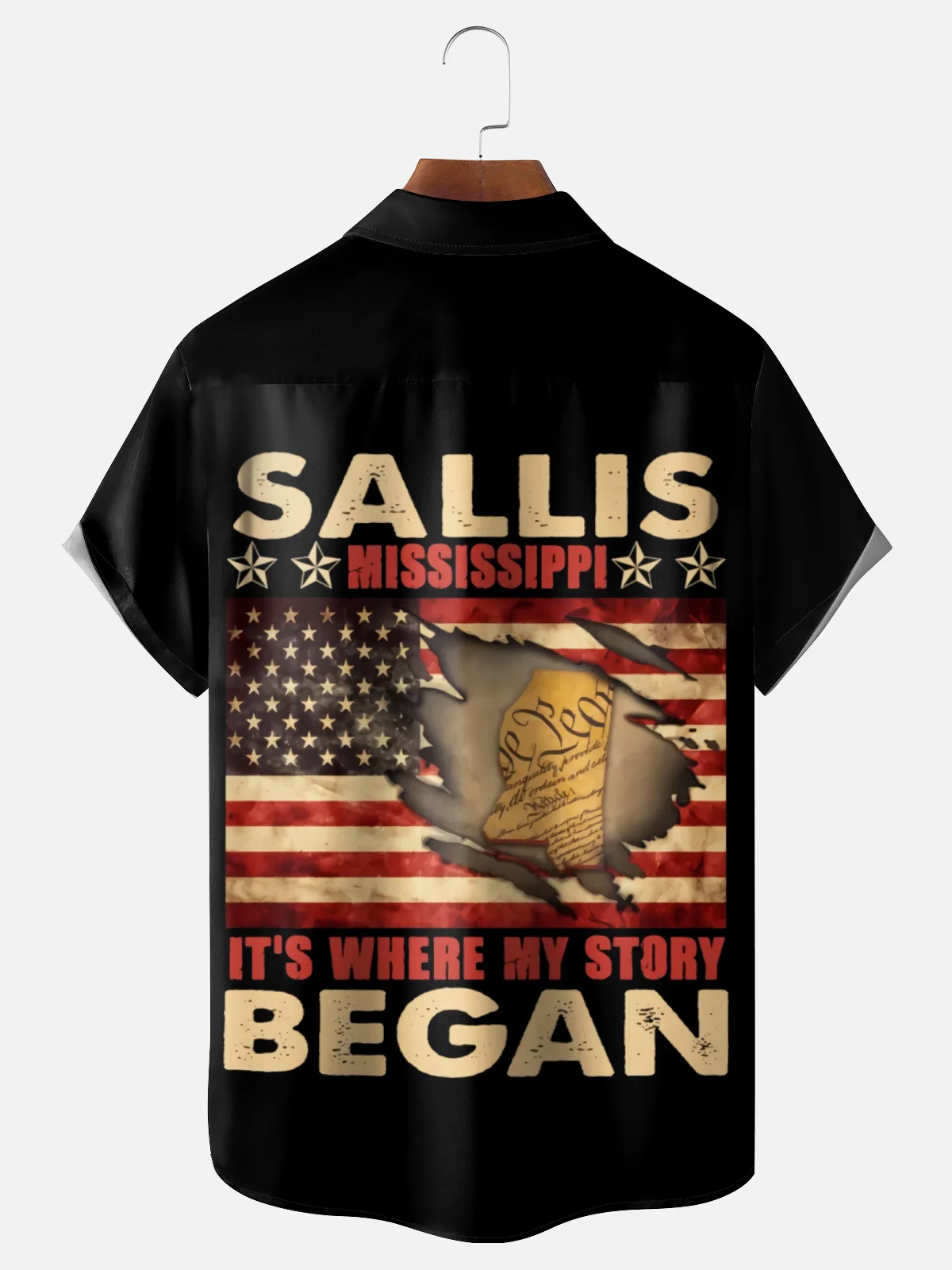 Moisture-Wicking Sallis Mississippi IT's Where My Story Began American Flag Chest Pocket Hawaiian Shirt