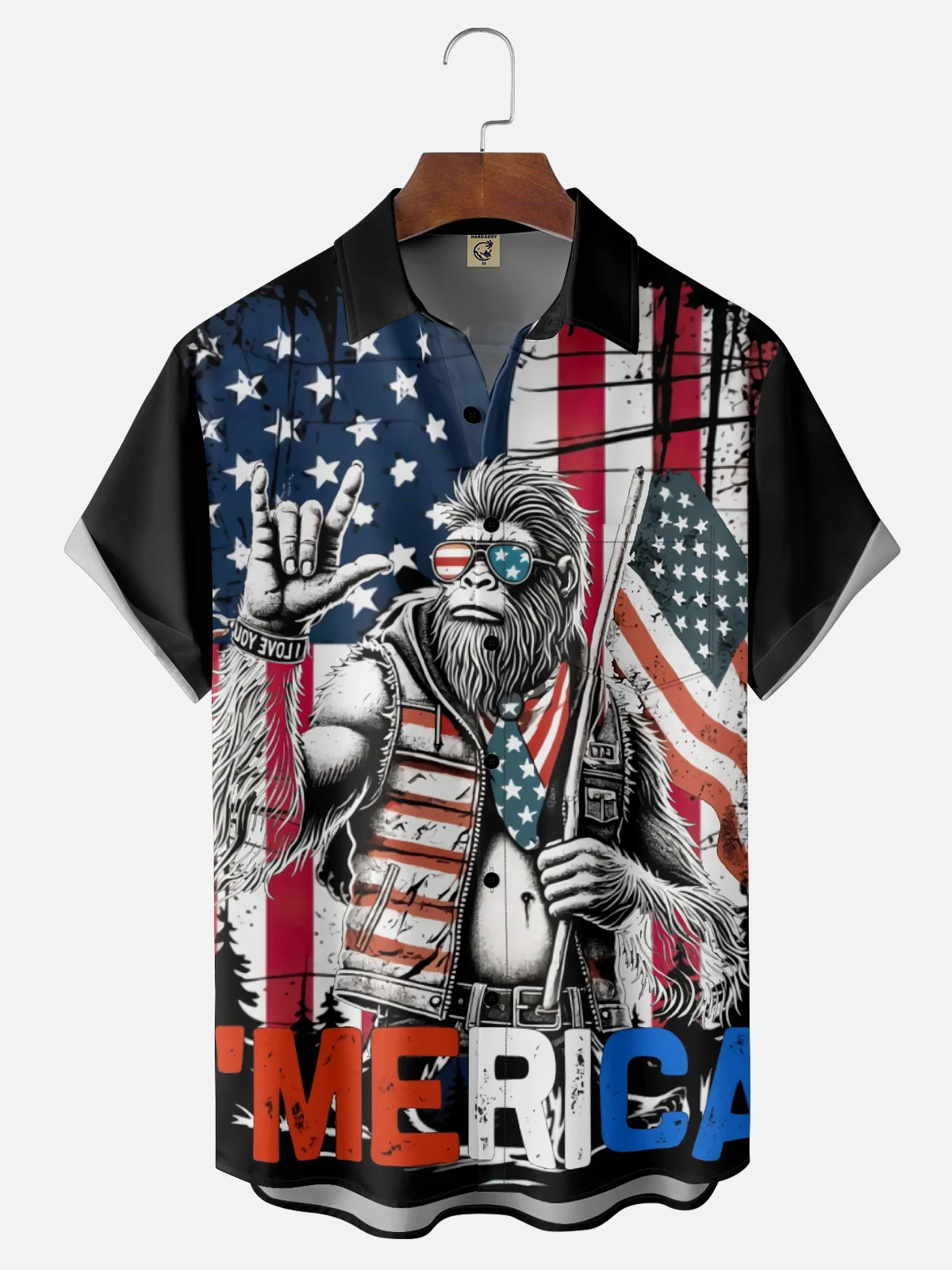 Moisture Wicking American Flag Bigfoot Chest Pocket Hawaiian Shirt