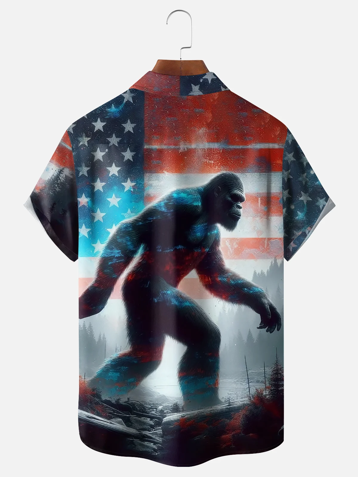 Moisture-wicking American Flag Bigfoot Art Independence Day Chest Pocket Casual Shirt