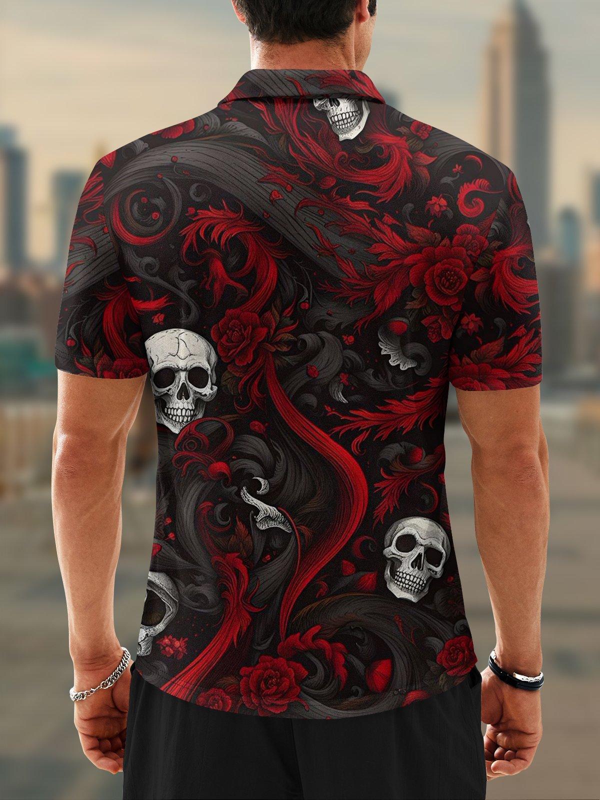 Moisture Wicking Rock Punk Skull Rose Short Sleeve Golf Polo