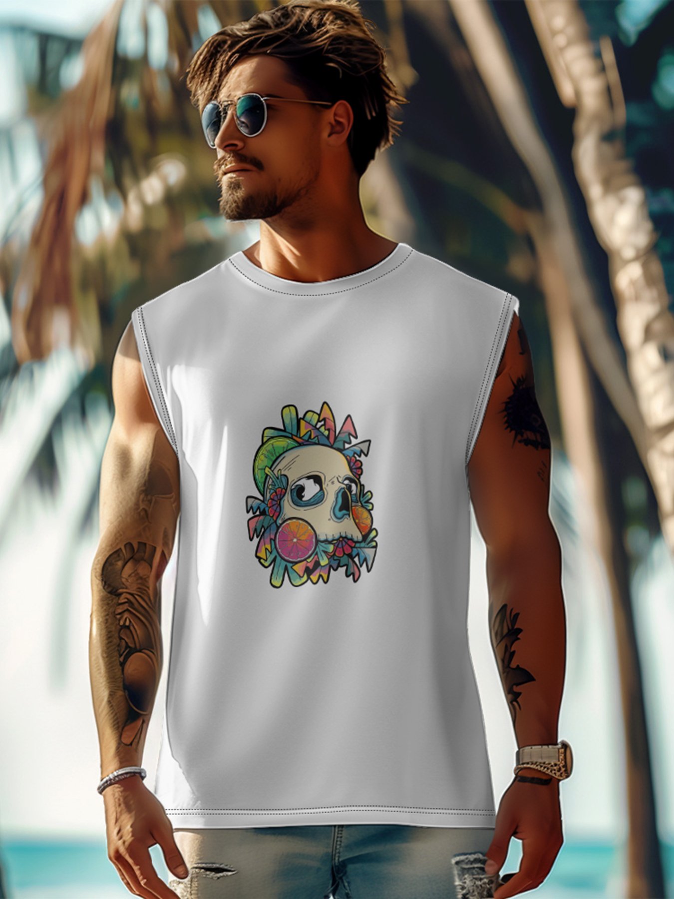 Hardaddy X Artist Stephen Wade Mens Crewneck Tank Tops Skull Beach Sleeveless Shirt