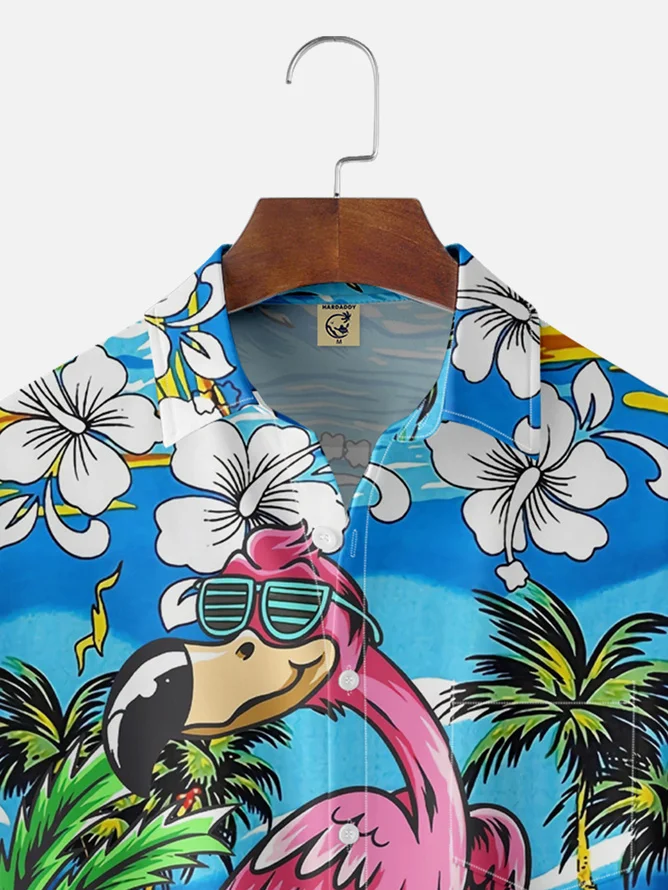 Tall Size Moisture-wicking Flamingo Chest Pocket Hawaiian Shirt