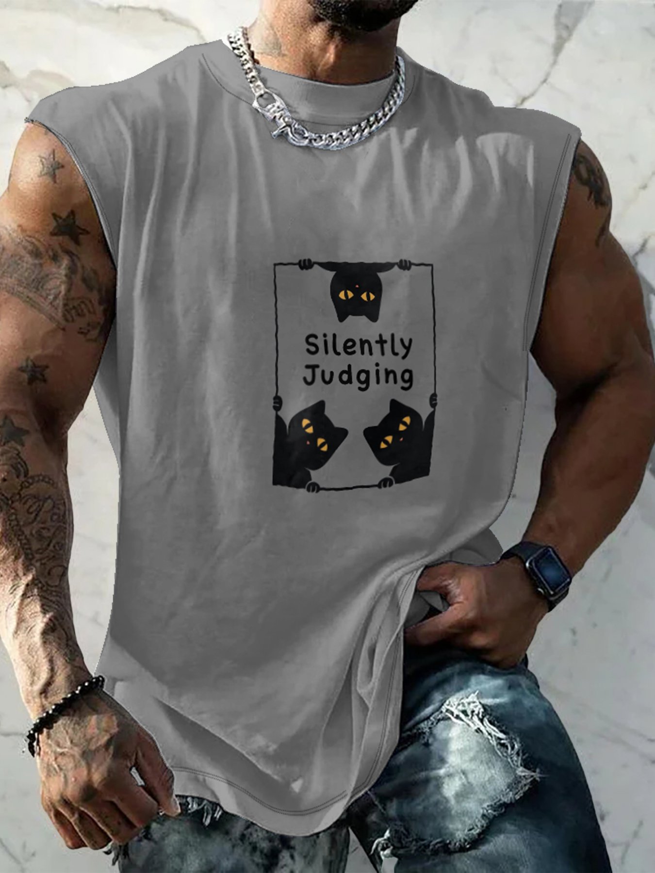Hardaddy X Artist Coffee Man Mens Crewneck Tank Tops Black Cats Silently Judging Beach Sleeveless Shirt