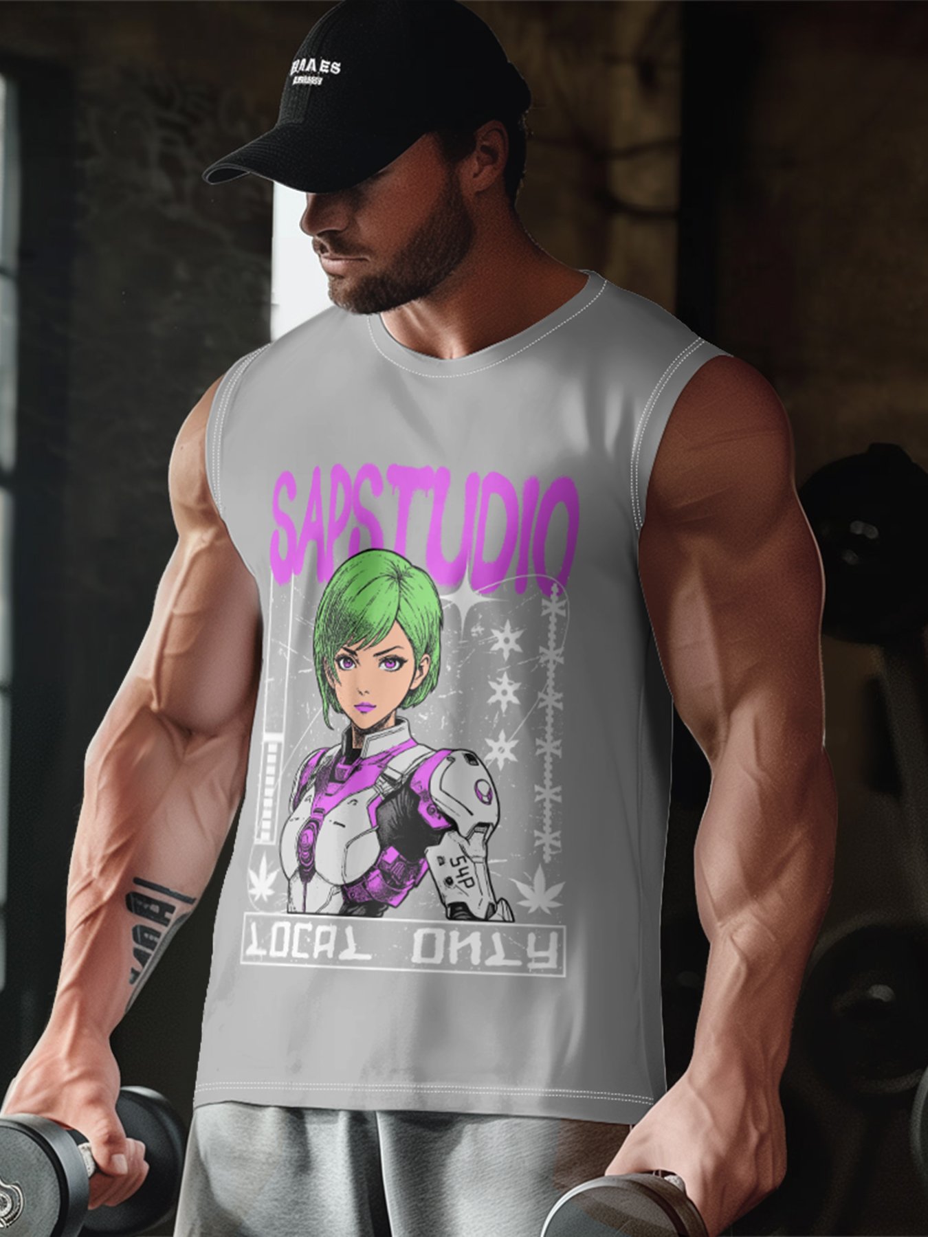 Hardaddy X Artist Muhammad Ilyas Saputro Mens Crewneck Tank Tops Japanese Two-dimensional Cartoon Sleeveless T-Shirt