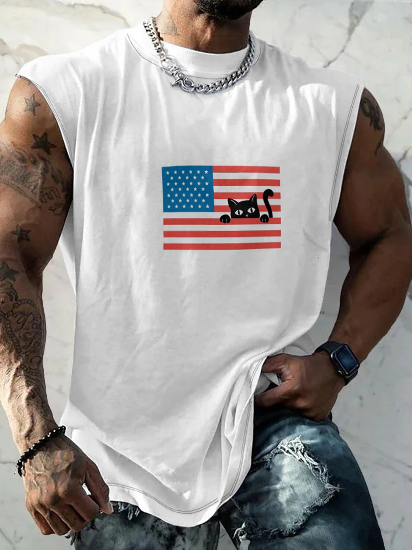 Hardaddy X Artist Coffee Man Mens Crewneck Tank Tops American Flag Cat Beach Sleeveless Shirt