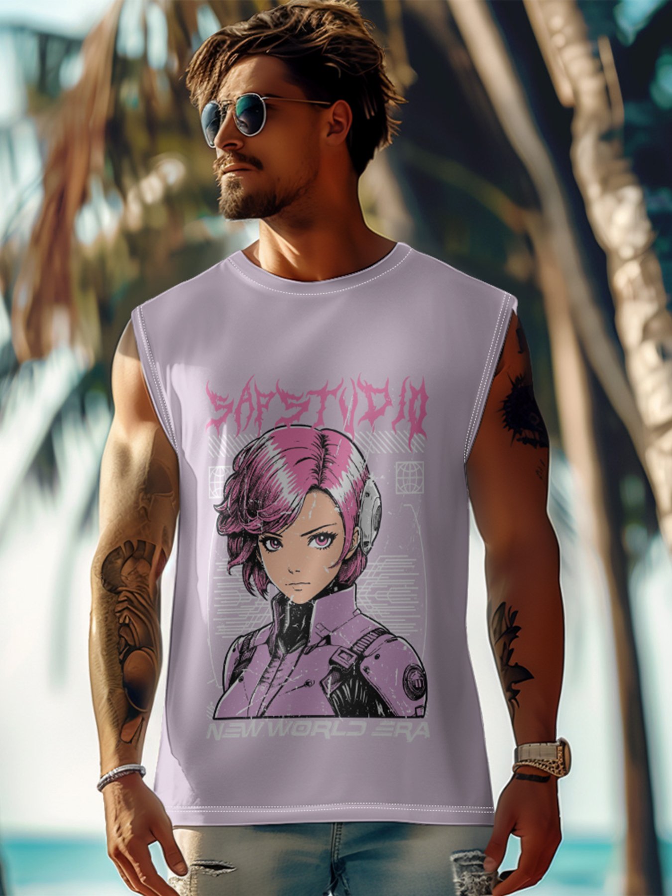 Hardaddy X Artist Muhammad Ilyas Saputro Mens Crewneck Tank Tops Japanese Two-dimensional Cartoon Sleeveless T-Shirt