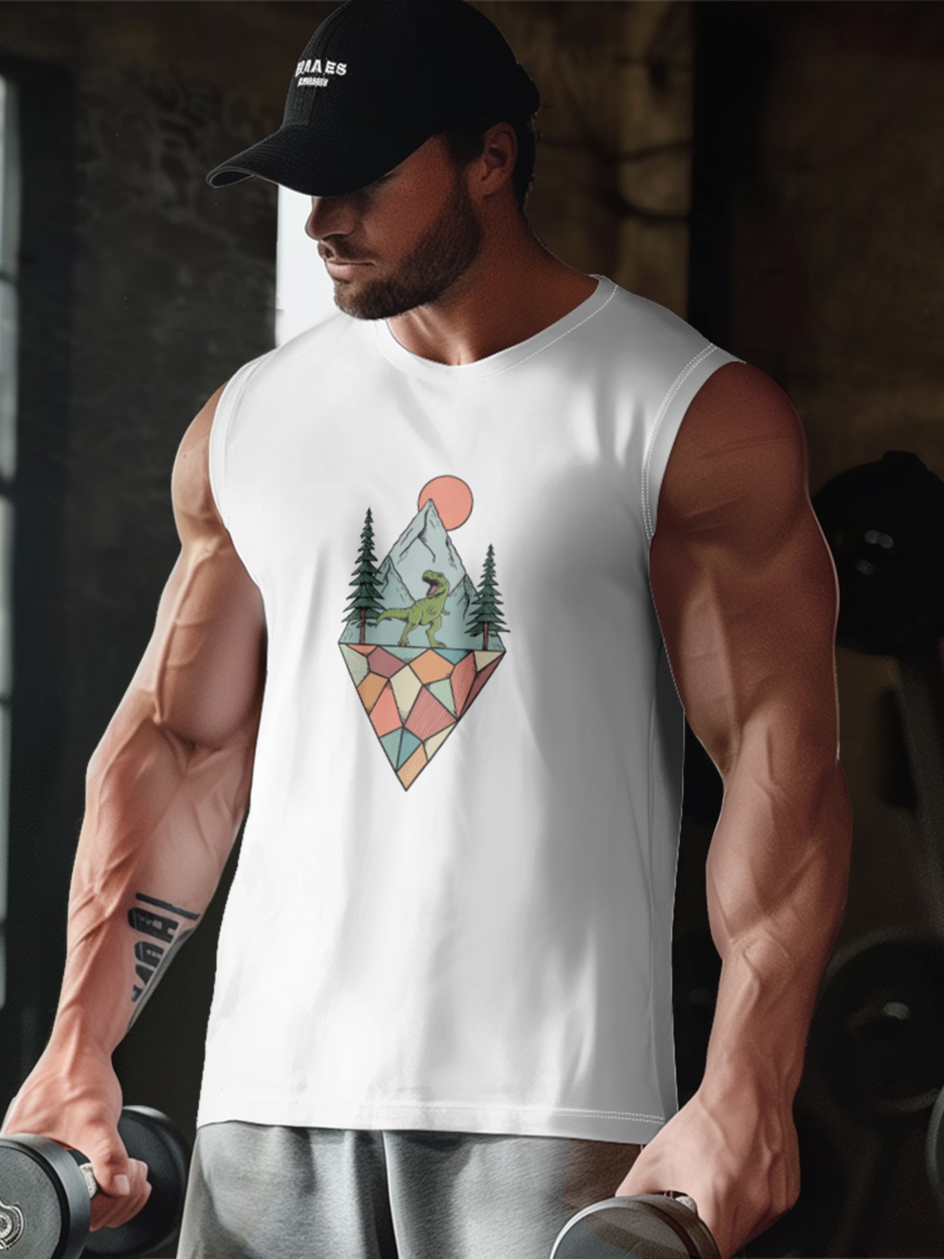 Hardaddy X Artist Coffee Man Mens Crewneck Tank Tops Dinosaur Beach Sleeveless Shirt