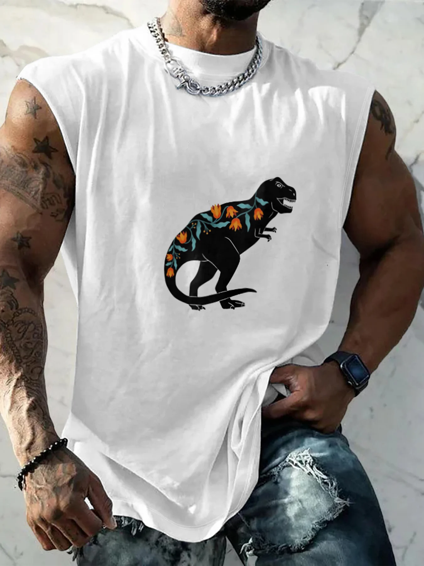 Hardaddy X Artist Coffee Man Mens Crewneck Tank Tops Dinosaur Beach Sleeveless Shirt