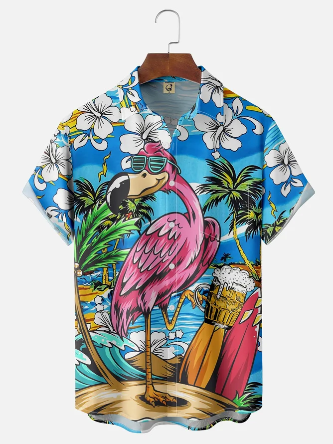 Tall Size Moisture-wicking Flamingo Chest Pocket Hawaiian Shirt