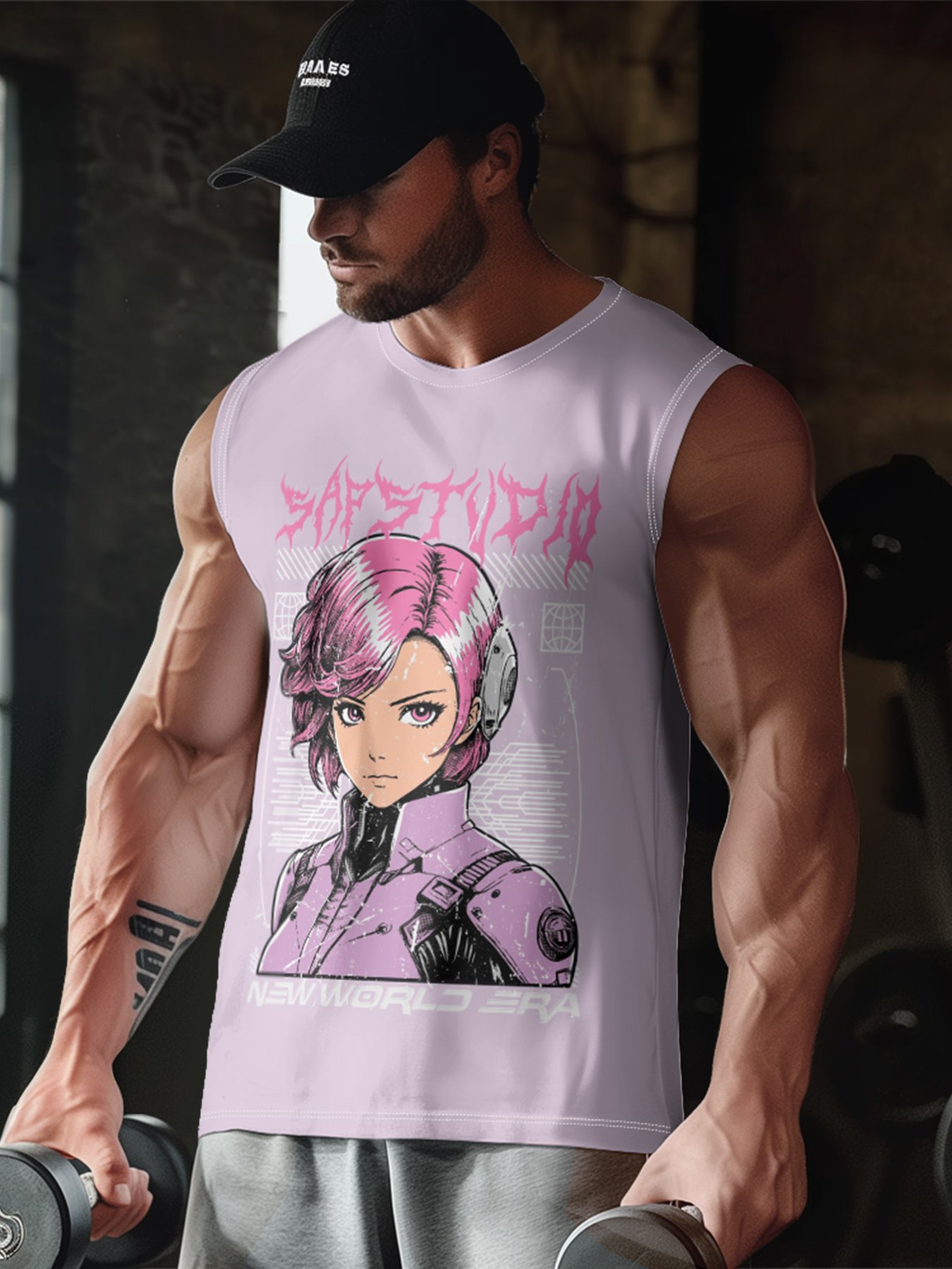 Hardaddy X Artist Muhammad Ilyas Saputro Mens Crewneck Tank Tops Japanese Two-dimensional Cartoon Sleeveless T-Shirt