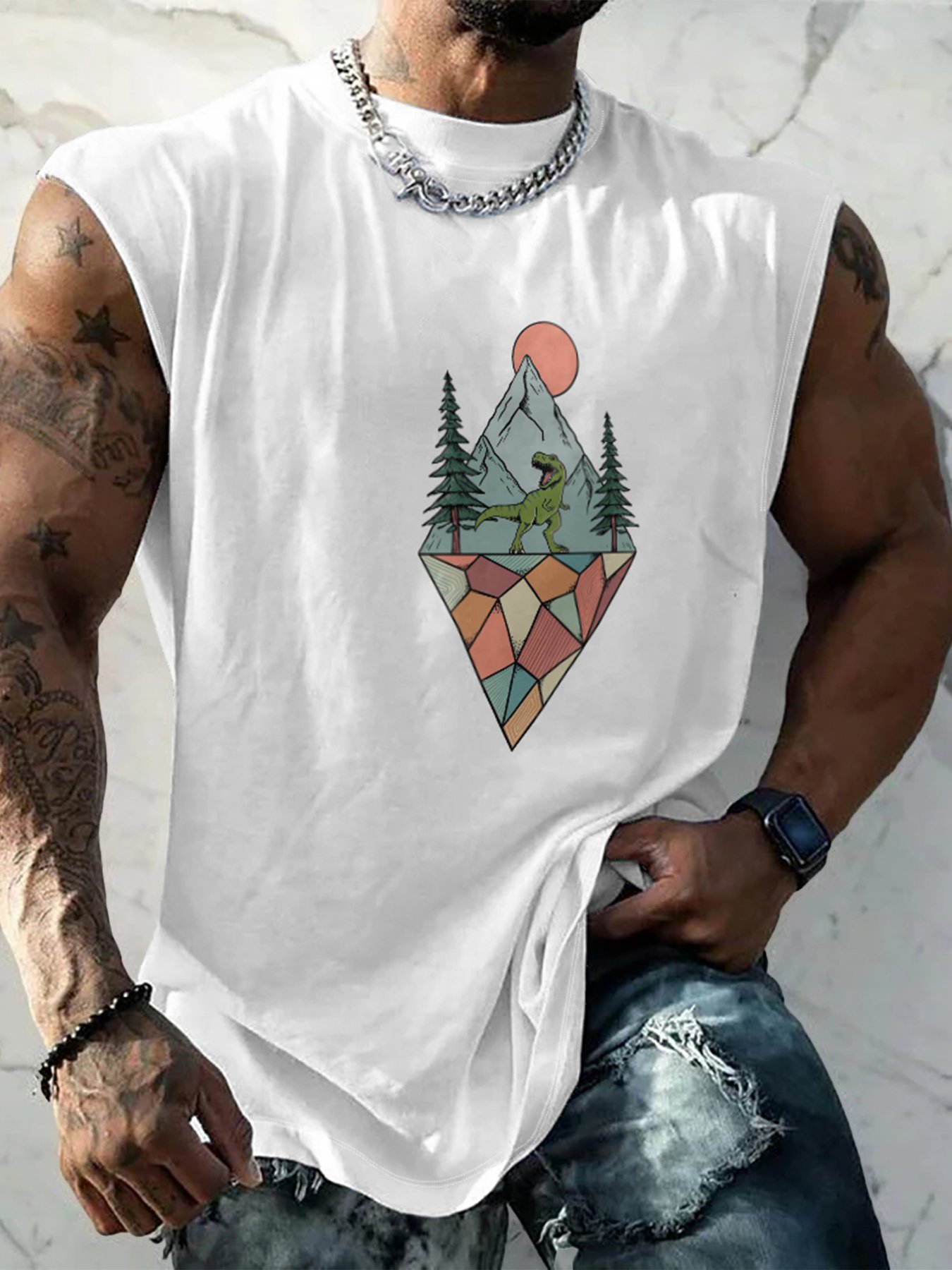 Hardaddy X Artist Coffee Man Mens Crewneck Tank Tops Dinosaur Beach Sleeveless Shirt
