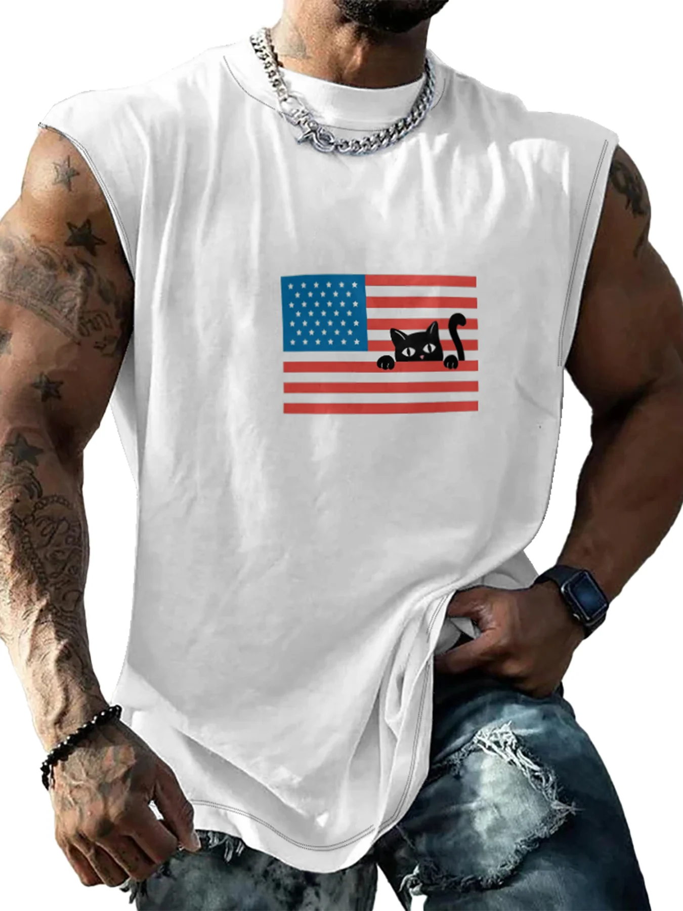 Hardaddy X Artist Coffee Man Mens Crewneck Tank Tops American Flag Cat Beach Sleeveless Shirt
