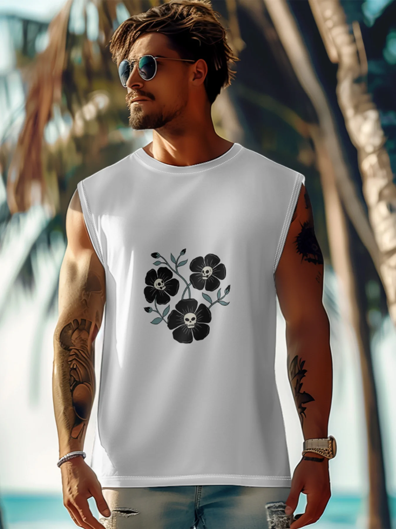 Hardaddy X Artist Coffee Man Mens Crewneck Tank Tops Skull Floral Beach Sleeveless Shirt