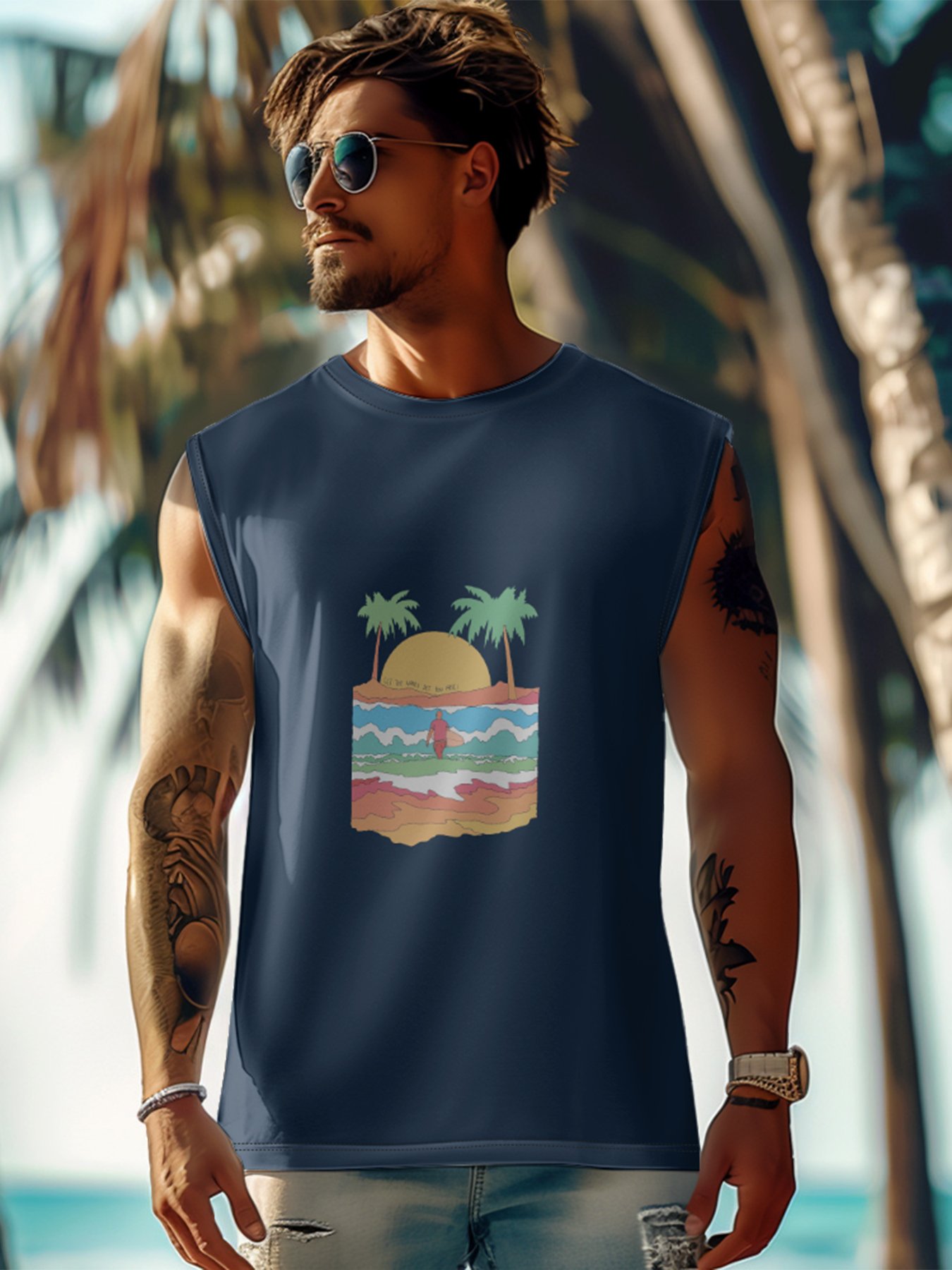 Hardaddy X Artist Stephen Wade Mens Crewneck Tank Tops Palm Beach Sleeveless Shirt