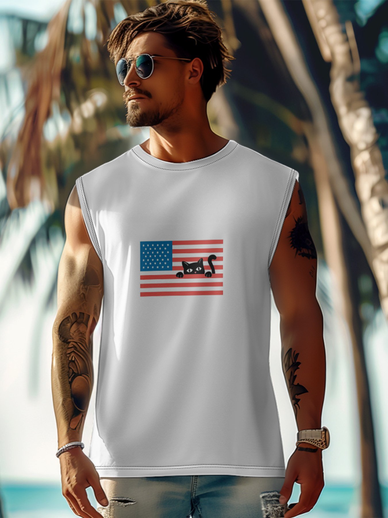 Hardaddy X Artist Coffee Man Mens Crewneck Tank Tops American Flag Cat Beach Sleeveless Shirt