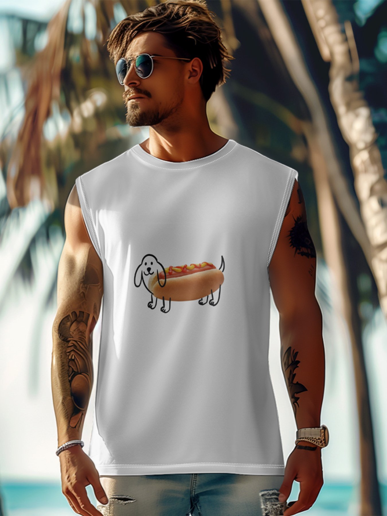 Hardaddy X Artist Coffee Man Mens Crewneck Tank Tops Hot Dog Beach Sleeveless Shirt
