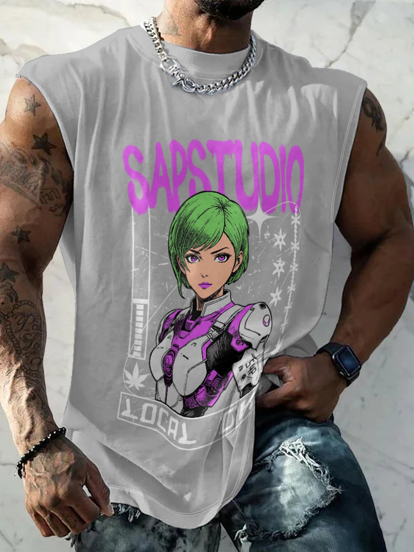 Hardaddy X Artist Muhammad Ilyas Saputro Mens Crewneck Tank Tops Japanese Two-dimensional Cartoon Sleeveless T-Shirt