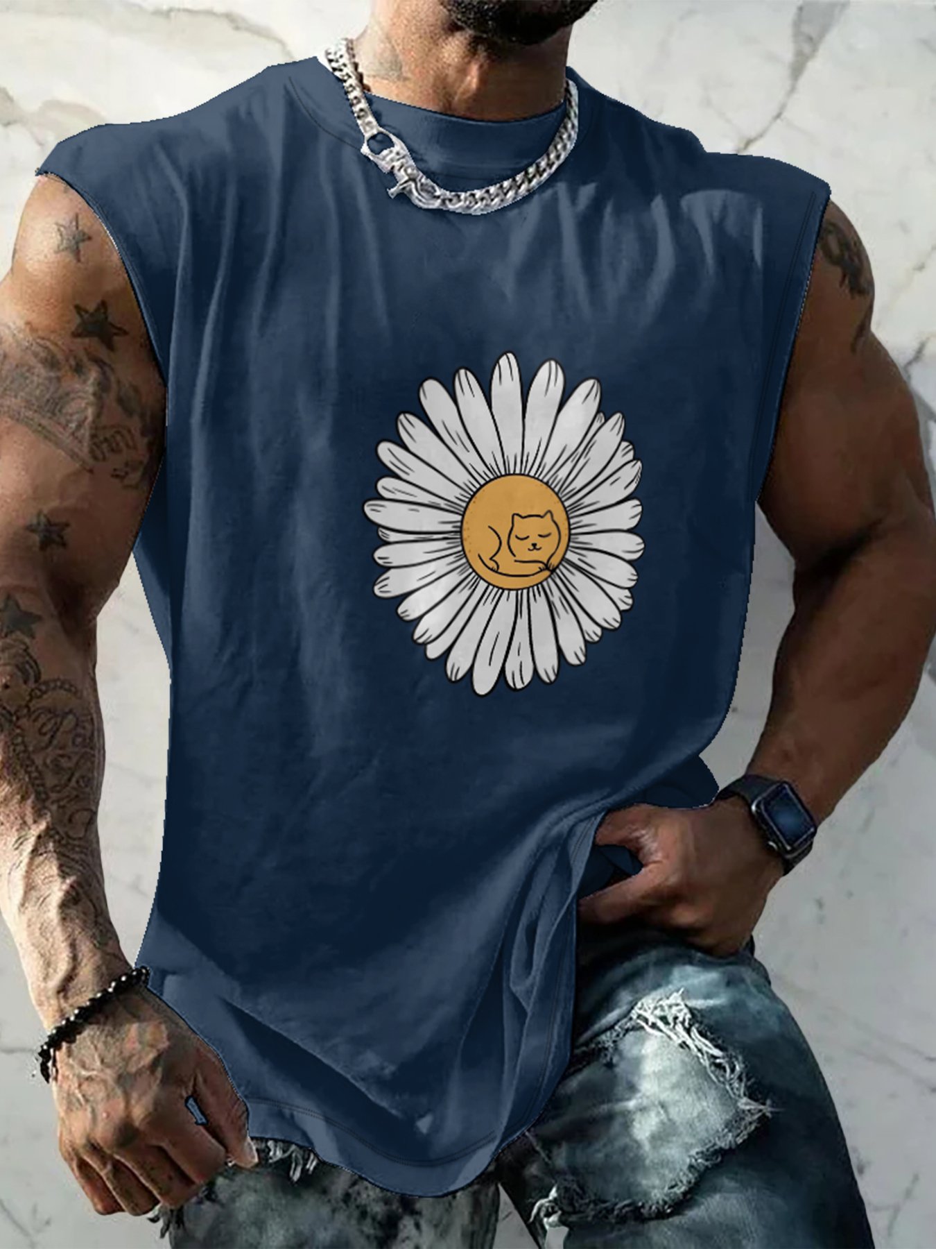 Hardaddy X Artist Coffee Man Mens Crewneck Tank Tops Daisy Cat Beach Sleeveless Shirt