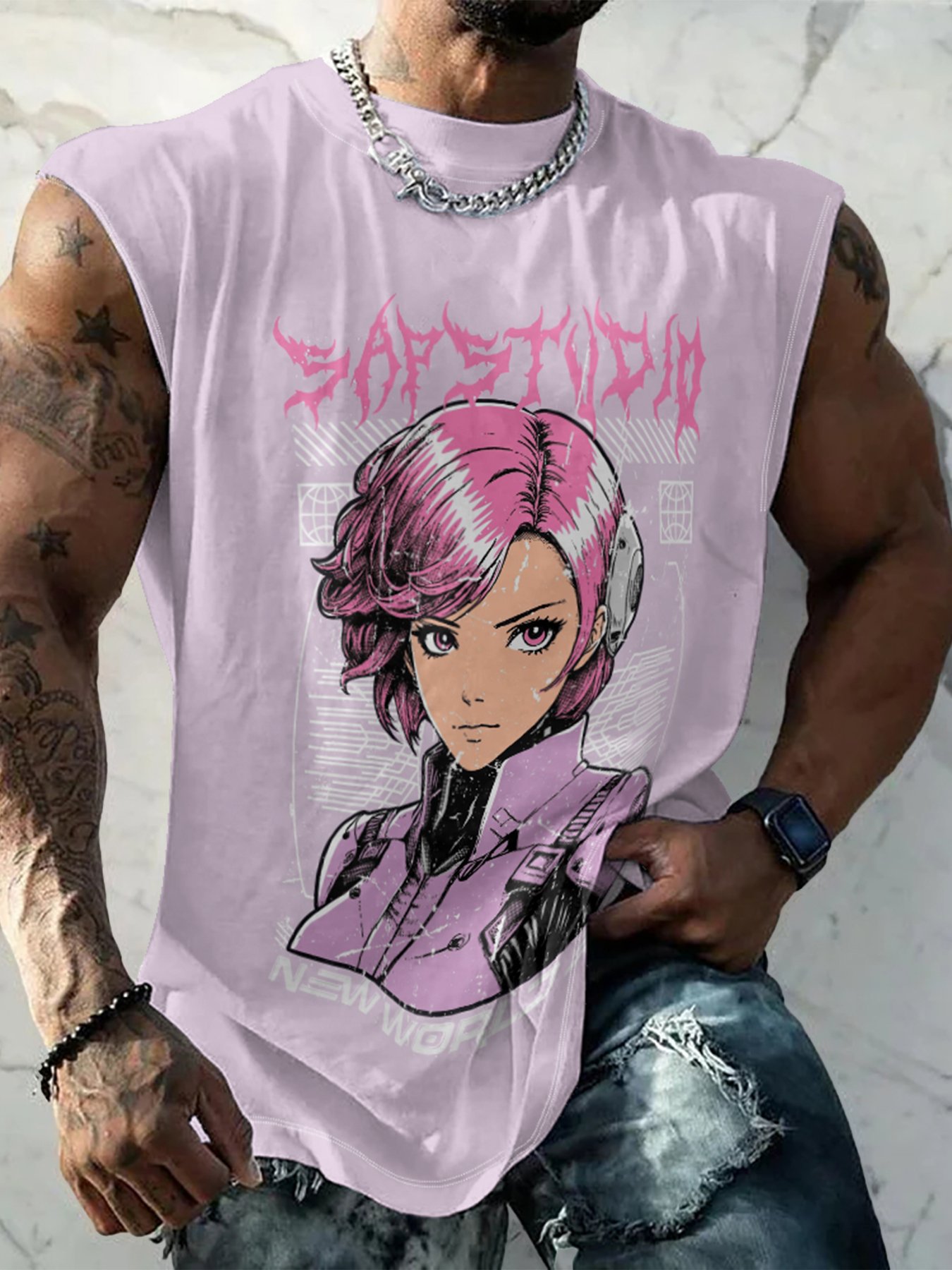 Hardaddy X Artist Muhammad Ilyas Saputro Mens Crewneck Tank Tops Japanese Two-dimensional Cartoon Sleeveless T-Shirt