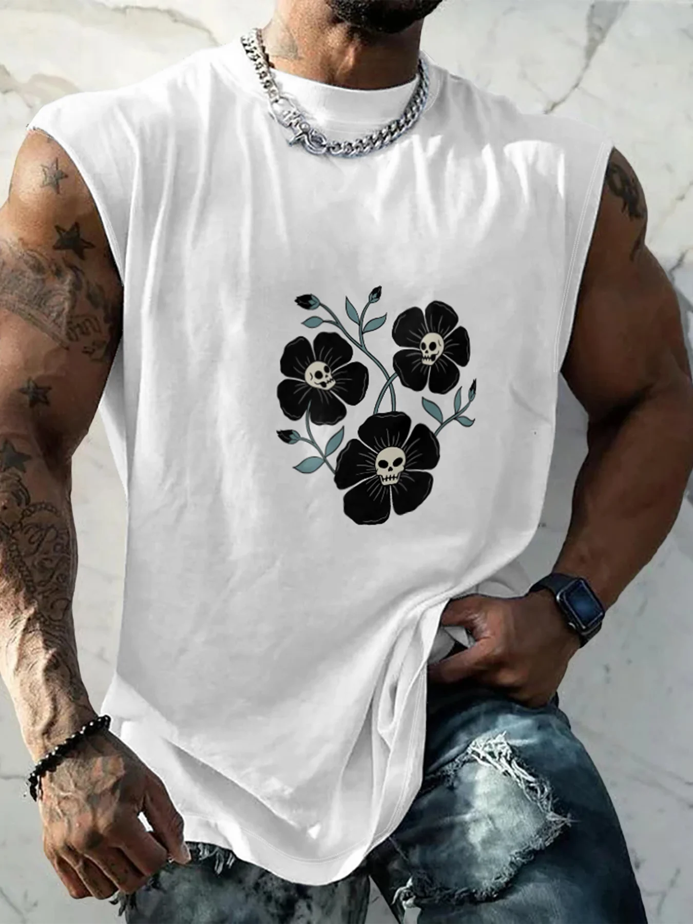 Hardaddy X Artist Coffee Man Mens Crewneck Tank Tops Skull Floral Beach Sleeveless Shirt