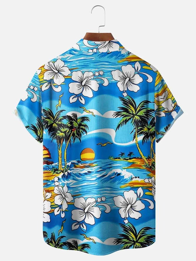 Tall Size Moisture-wicking Flamingo Chest Pocket Hawaiian Shirt