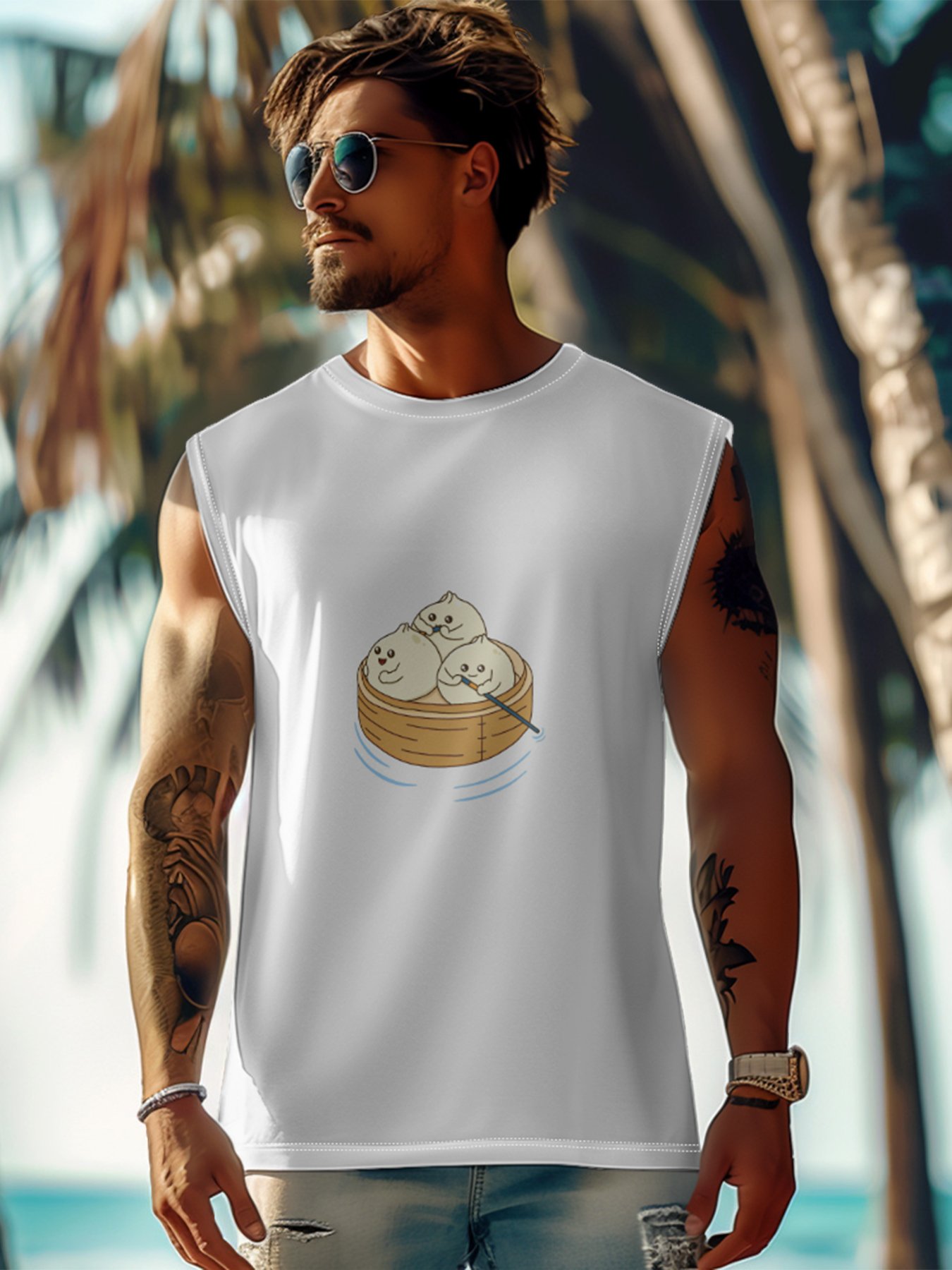 Hardaddy X Artist Kimprut Imut Mens Crewneck Tank Tops Xiao Long Bao Beach Sleeveless Shirt