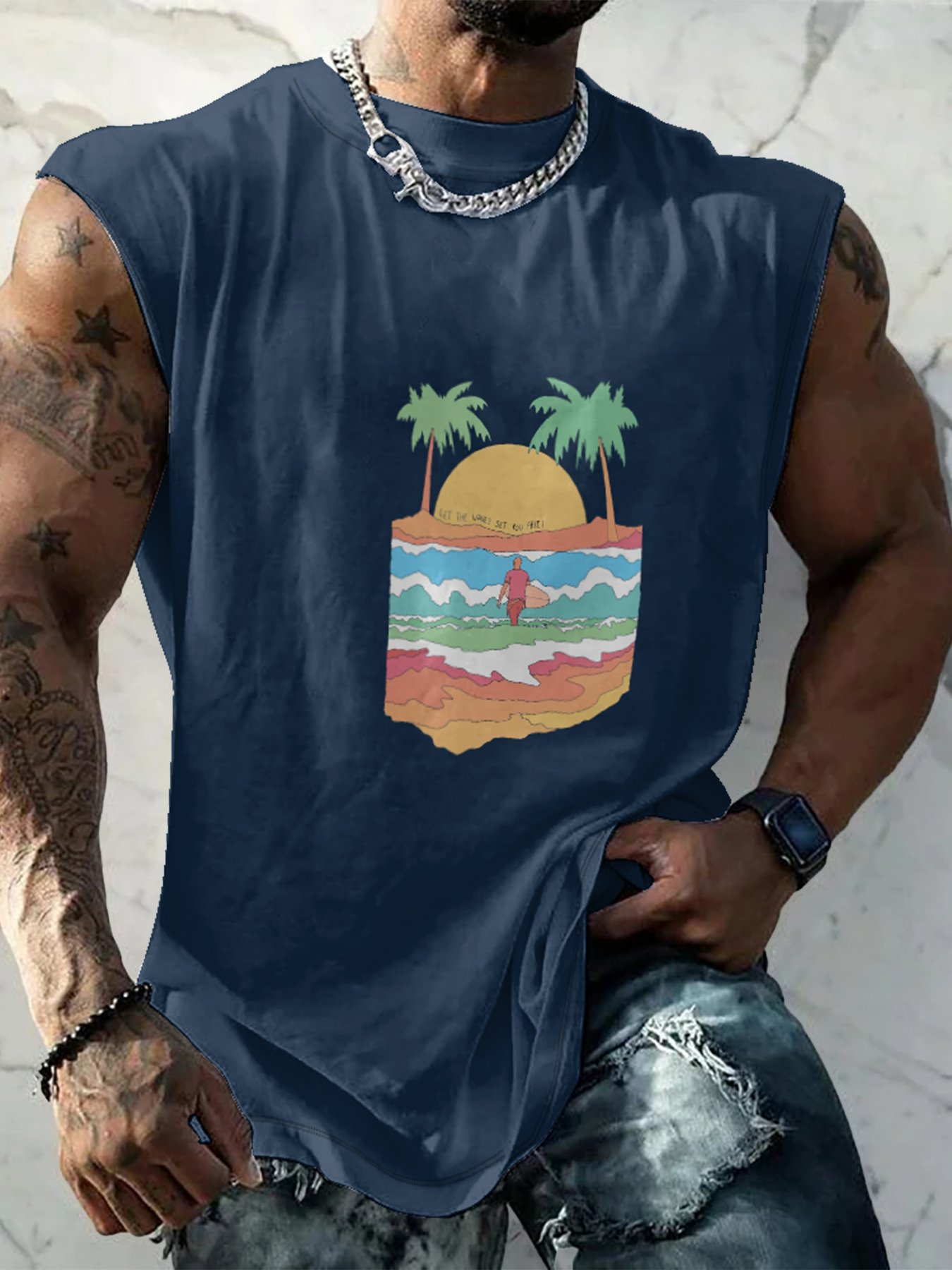 Hardaddy X Artist Stephen Wade Mens Crewneck Tank Tops Palm Beach Sleeveless Shirt