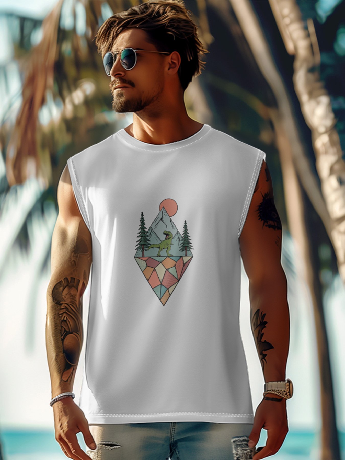 Hardaddy X Artist Coffee Man Mens Crewneck Tank Tops Dinosaur Beach Sleeveless Shirt